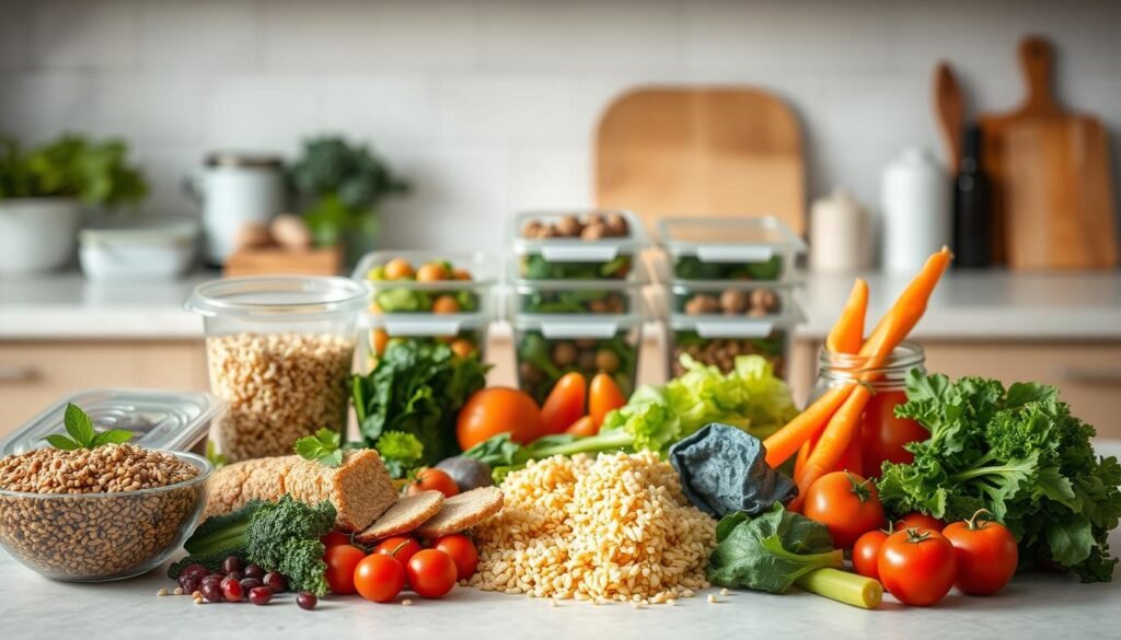 A simple, clean-lined kitchen counter with an array of fresh, colorful ingredients arranged in an appetizing display. In the foreground, a variety of whole grains, leafy greens, and lean proteins take center stage, conveying a sense of nutritious, balanced eating. The middle ground features neatly portioned meal prep containers, hinting at the organizational aspects of a beginner-friendly diet plan. Soft, natural lighting bathes the scene, evoking a calm, approachable atmosphere. The background blurs gently, keeping the focus on the healthy, accessible meal components. An overall sense of wellness and attainable nutrition permeates the image. A simple, clean-lined kitchen counter with an array of fresh, colorful ingredients arranged in an appetizing display. In the foreground, a variety of whole grains, leafy greens, and lean proteins take center stage, conveying a sense of nutritious, balanced eating. The middle ground features neatly portioned meal prep containers, hinting at the organizational aspects of a beginner-friendly diet plan. Soft, natural lighting bathes the scene, evoking a calm, approachable atmosphere. The background blurs gently, keeping the focus on the healthy, accessible meal components. An overall sense of wellness and attainable nutrition permeates the image.