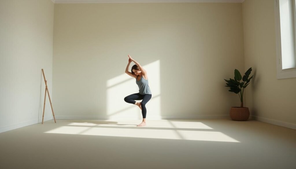 A simple, straightforward fitness routine for beginners. Crisp, natural lighting illuminates a serene, uncluttered studio space. The frame captures a person performing basic, low-impact exercises like stretches, squats, and lunges. Their movements are graceful and focused, conveying a sense of calm and mindfulness. The color palette is muted and earthy, with gentle hues of green, beige, and gray. The overall atmosphere is serene, approachable, and welcoming, encouraging viewers to feel empowered to start their own fitness journey. A simple, straightforward fitness routine for beginners. Crisp, natural lighting illuminates a serene, uncluttered studio space. The frame captures a person performing basic, low-impact exercises like stretches, squats, and lunges. Their movements are graceful and focused, conveying a sense of calm and mindfulness. The color palette is muted and earthy, with gentle hues of green, beige, and gray. The overall atmosphere is serene, approachable, and welcoming, encouraging viewers to feel empowered to start their own fitness journey.