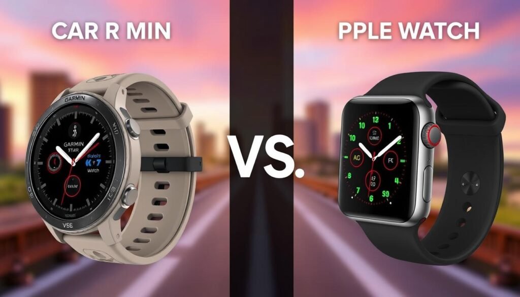 A sleek, modern fitness watch face displaying a side-by-side comparison of a Garmin and an Apple Watch, showcasing their robust features for sports and outdoor activities. The Garmin watch is highlighted with a focus on its durable, waterproof design, advanced tracking sensors, and dedicated workout modes. The Apple Watch is emphasized for its seamless integration with iOS, intuitive touchscreen interface, and comprehensive health monitoring capabilities. The background features a blurred, vibrant cityscape or nature scene, creating a dynamic and visually appealing composition that underscores the versatility and performance of these two leading smartwatch brands. A sleek, modern fitness watch face displaying a side-by-side comparison of a Garmin and an Apple Watch, showcasing their robust features for sports and outdoor activities. The Garmin watch is highlighted with a focus on its durable, waterproof design, advanced tracking sensors, and dedicated workout modes. The Apple Watch is emphasized for its seamless integration with iOS, intuitive touchscreen interface, and comprehensive health monitoring capabilities. The background features a blurred, vibrant cityscape or nature scene, creating a dynamic and visually appealing composition that underscores the versatility and performance of these two leading smartwatch brands.