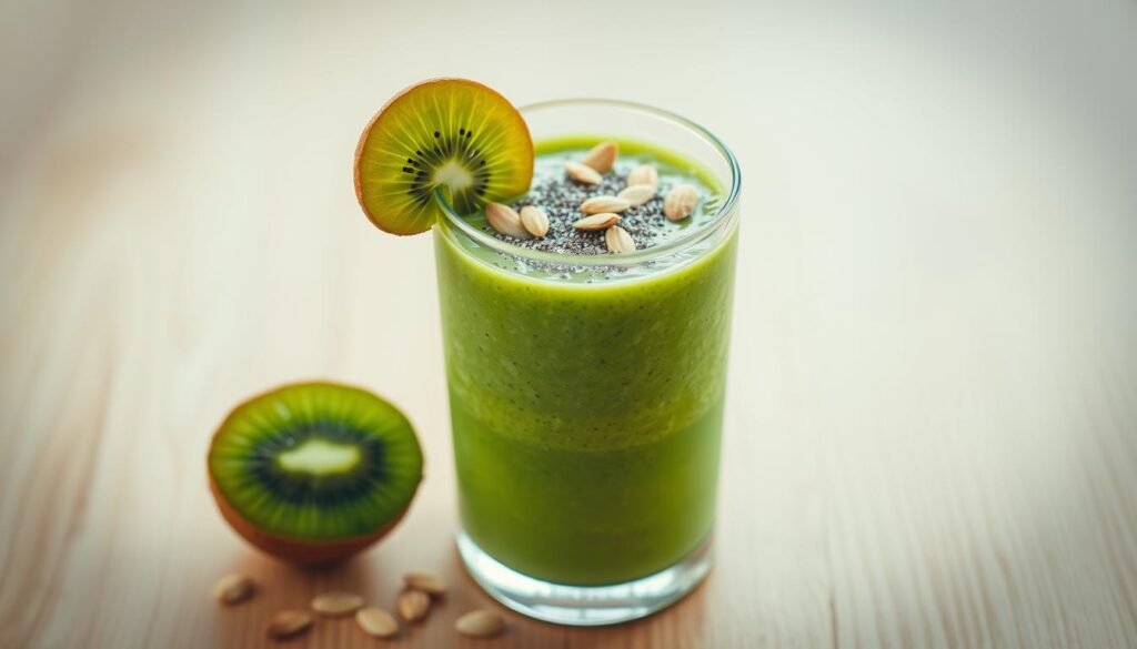 A smoothie glass filled with a vibrant, creamy green liquid, garnished with fresh slices of kiwi, chia seeds, and a sprinkle of crushed almonds. The lighting is soft and diffused, creating a warm, inviting atmosphere. The glass is positioned on a minimalist, natural-toned wooden surface, allowing the vibrant colors of the smoothie to take center stage. The overall composition conveys a sense of healthy indulgence, perfect for a post-workout recovery drink. A smoothie glass filled with a vibrant, creamy green liquid, garnished with fresh slices of kiwi, chia seeds, and a sprinkle of crushed almonds. The lighting is soft and diffused, creating a warm, inviting atmosphere. The glass is positioned on a minimalist, natural-toned wooden surface, allowing the vibrant colors of the smoothie to take center stage. The overall composition conveys a sense of healthy indulgence, perfect for a post-workout recovery drink.