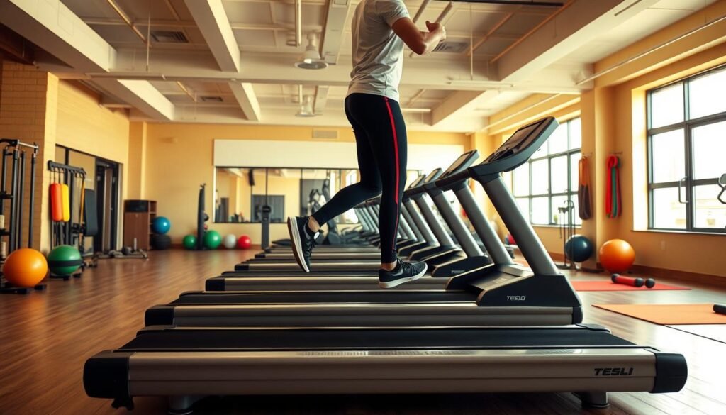 A spacious, well-lit indoor gym setting, with a treadmill prominently featured in the foreground. On the treadmill, a person is doing various dynamic exercises, such as high knees, side steps, and incline walking, demonstrating the versatility of the machine. The background features additional fitness equipment, such as exercise balls, resistance bands, and yoga mats, creating a sense of a comprehensive workout space. The lighting is bright and natural, with warm tones that enhance the energetic atmosphere. The camera angle is slightly elevated, providing a clear view of the diverse exercises being performed on the treadmill. A spacious, well-lit indoor gym setting, with a treadmill prominently featured in the foreground. On the treadmill, a person is doing various dynamic exercises, such as high knees, side steps, and incline walking, demonstrating the versatility of the machine. The background features additional fitness equipment, such as exercise balls, resistance bands, and yoga mats, creating a sense of a comprehensive workout space. The lighting is bright and natural, with warm tones that enhance the energetic atmosphere. The camera angle is slightly elevated, providing a clear view of the diverse exercises being performed on the treadmill.