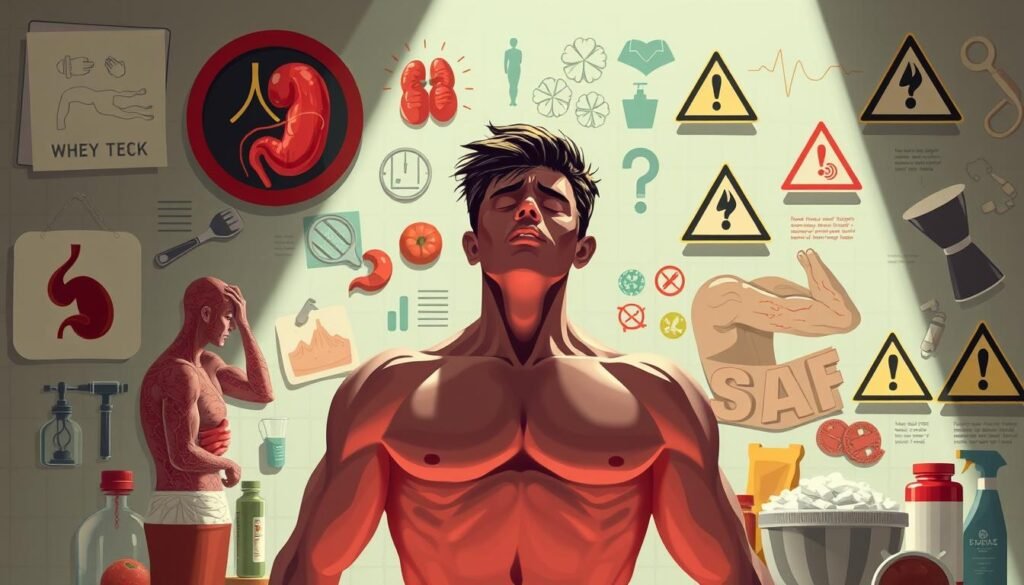A sprawling, highly detailed illustration depicting the potential hazards and drawbacks of whey protein consumption. The scene showcases a person suffering from various adverse effects, such as digestive issues, kidney problems, and skin irritation, against a backdrop of medical imagery and cautionary symbols. The composition emphasizes the importance of moderation and awareness when incorporating whey protein into one's diet. The lighting is dramatic, casting shadows and highlights to convey a sense of concern and unease. The overall atmosphere is one of seriousness and caution, intended to educate and inform the viewer about the potential risks associated with excessive or improper whey protein intake. A sprawling, highly detailed illustration depicting the potential hazards and drawbacks of whey protein consumption. The scene showcases a person suffering from various adverse effects, such as digestive issues, kidney problems, and skin irritation, against a backdrop of medical imagery and cautionary symbols. The composition emphasizes the importance of moderation and awareness when incorporating whey protein into one's diet. The lighting is dramatic, casting shadows and highlights to convey a sense of concern and unease. The overall atmosphere is one of seriousness and caution, intended to educate and inform the viewer about the potential risks associated with excessive or improper whey protein intake.