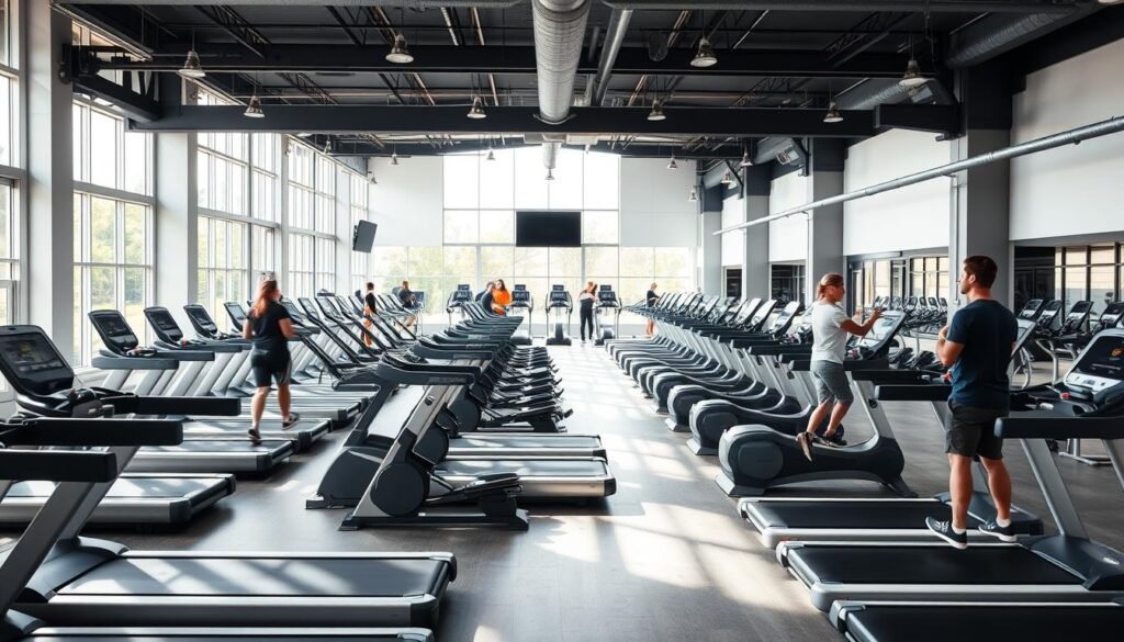 A sprawling indoor fitness center, brightly lit with natural light streaming through large windows. Rows of state-of-the-art treadmills, ellipticals, and stationary bikes arranged in a clean, modern layout. Sleek, minimalist designs in muted tones of gray, white, and black. Customers test and evaluate the equipment, their faces radiating a sense of focused determination. The space exudes an atmosphere of wellness, efficiency, and technological advancement, perfectly capturing the essence of the "Best Treadmill Models on the Market" section. A sprawling indoor fitness center, brightly lit with natural light streaming through large windows. Rows of state-of-the-art treadmills, ellipticals, and stationary bikes arranged in a clean, modern layout. Sleek, minimalist designs in muted tones of gray, white, and black. Customers test and evaluate the equipment, their faces radiating a sense of focused determination. The space exudes an atmosphere of wellness, efficiency, and technological advancement, perfectly capturing the essence of the "Best Treadmill Models on the Market" section.