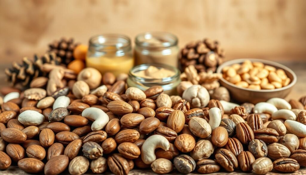 A still life arrangement of various nutritious nuts and nut butters set against a warm, natural background. In the foreground, an assortment of almonds, walnuts, cashews, and pecan halves are artfully arranged. In the middle ground, small glass jars or bowls contain creamy nut butters, such as peanut, almond, or cashew. The lighting is soft and diffused, casting gentle shadows and highlighting the rich textures and colors of the ingredients. The overall mood is one of health, wellness, and culinary abundance. A still life arrangement of various nutritious nuts and nut butters set against a warm, natural background. In the foreground, an assortment of almonds, walnuts, cashews, and pecan halves are artfully arranged. In the middle ground, small glass jars or bowls contain creamy nut butters, such as peanut, almond, or cashew. The lighting is soft and diffused, casting gentle shadows and highlighting the rich textures and colors of the ingredients. The overall mood is one of health, wellness, and culinary abundance.
