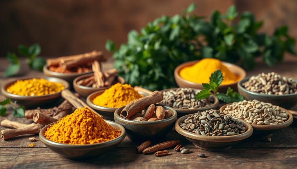 A still life composition featuring an assortment of aromatic spices and herbs on a natural wooden surface. The foreground showcases a vibrant array of spices such as turmeric, cumin, cinnamon sticks, and fennel seeds, artfully arranged in small bowls and plates. In the middle ground, lush green herbs like mint, parsley, and thyme are displayed, their leaves gently cascading over the wooden edges. The background features a warm, earthy-toned backdrop, complementing the natural, organic feel of the scene. Soft, diffused lighting illuminates the composition, creating a calming, serene atmosphere that emphasizes the soothing, medicinal qualities of the featured ingredients. A still life composition featuring an assortment of aromatic spices and herbs on a natural wooden surface. The foreground showcases a vibrant array of spices such as turmeric, cumin, cinnamon sticks, and fennel seeds, artfully arranged in small bowls and plates. In the middle ground, lush green herbs like mint, parsley, and thyme are displayed, their leaves gently cascading over the wooden edges. The background features a warm, earthy-toned backdrop, complementing the natural, organic feel of the scene. Soft, diffused lighting illuminates the composition, creating a calming, serene atmosphere that emphasizes the soothing, medicinal qualities of the featured ingredients.
