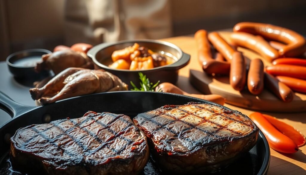 A sumptuous still life showcasing a variety of high-protein meat dishes. In the foreground, a juicy steak sizzles on a cast-iron skillet, its surface adorned with a delicate char. Beside it, a roasted chicken quarter glistens with crispy skin. In the middle ground, a hearty beef stew bubbles in a ceramic pot, the rich, savory broth dotted with tender chunks of meat and aromatic vegetables. In the background, a selection of cured meats and sausages are arranged on a wooden cutting board, casting long shadows in the warm, natural lighting. The scene exudes an aura of rustic elegance, inviting the viewer to savor the satisfying, protein-packed delights. A sumptuous still life showcasing a variety of high-protein meat dishes. In the foreground, a juicy steak sizzles on a cast-iron skillet, its surface adorned with a delicate char. Beside it, a roasted chicken quarter glistens with crispy skin. In the middle ground, a hearty beef stew bubbles in a ceramic pot, the rich, savory broth dotted with tender chunks of meat and aromatic vegetables. In the background, a selection of cured meats and sausages are arranged on a wooden cutting board, casting long shadows in the warm, natural lighting. The scene exudes an aura of rustic elegance, inviting the viewer to savor the satisfying, protein-packed delights.
