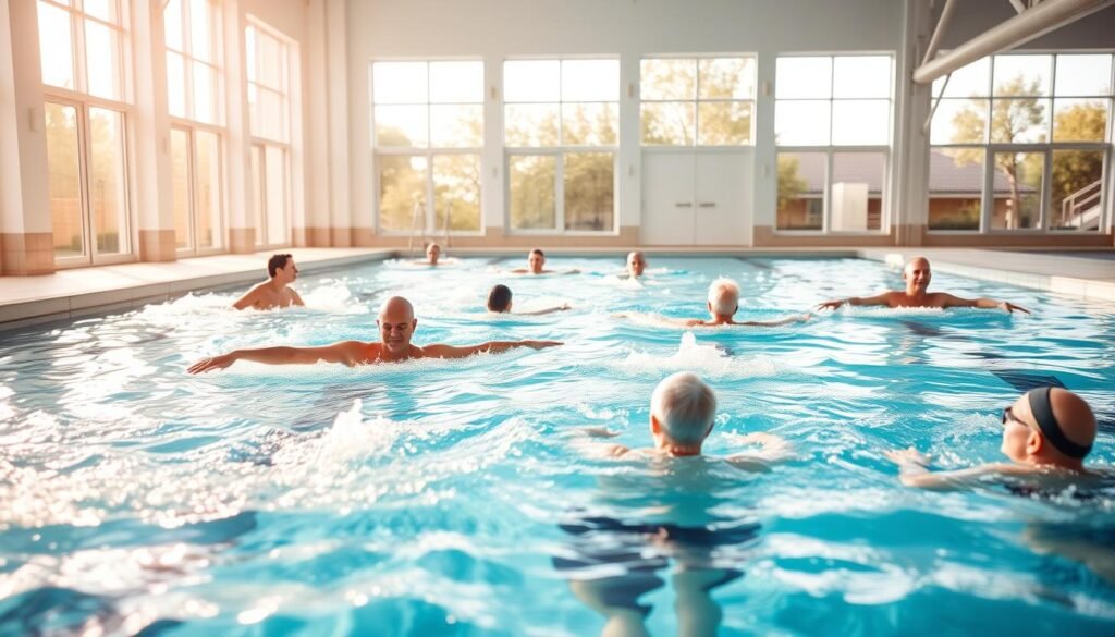 A sunlit indoor swimming pool with adults of various ages gracefully swimming laps, their movements fluid and serene. The pool is surrounded by a bright, airy space with large windows that let in natural light, creating a calming and rejuvenating atmosphere. The swimmers' bodies are well-defined, showcasing the physical benefits of regular swimming. The scene exudes a sense of tranquility and health, capturing the essence of swimming as a versatile exercise for adults of all ages to maintain their physical fitness. A sunlit indoor swimming pool with adults of various ages gracefully swimming laps, their movements fluid and serene. The pool is surrounded by a bright, airy space with large windows that let in natural light, creating a calming and rejuvenating atmosphere. The swimmers' bodies are well-defined, showcasing the physical benefits of regular swimming. The scene exudes a sense of tranquility and health, capturing the essence of swimming as a versatile exercise for adults of all ages to maintain their physical fitness.