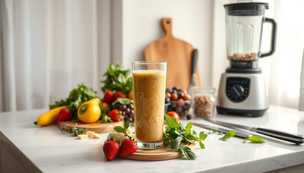 A tranquil kitchen counter, bathed in soft, natural light filtering through airy curtains. In the foreground, an expertly crafted smoothie, its vibrant hues and creamy texture invitingly displayed in a glass tumbler. Surrounding it, an array of fresh fruits, leafy greens, and wholesome ingredients, each carefully arranged to create a visually appealing and nutritious composition. The middle ground showcases a wooden cutting board, a sharp knife, and a blender, tools of the trade for the health-conscious smoothie enthusiast. In the background, a minimalist, serene setting, hinting at the tranquility and balance that this nourishing beverage embodies. The overall mood is one of wellness, simplicity, and the joy of creating something wholesome and delightful. A tranquil kitchen counter, bathed in soft, natural light filtering through airy curtains. In the foreground, an expertly crafted smoothie, its vibrant hues and creamy texture invitingly displayed in a glass tumbler. Surrounding it, an array of fresh fruits, leafy greens, and wholesome ingredients, each carefully arranged to create a visually appealing and nutritious composition. The middle ground showcases a wooden cutting board, a sharp knife, and a blender, tools of the trade for the health-conscious smoothie enthusiast. In the background, a minimalist, serene setting, hinting at the tranquility and balance that this nourishing beverage embodies. The overall mood is one of wellness, simplicity, and the joy of creating something wholesome and delightful.