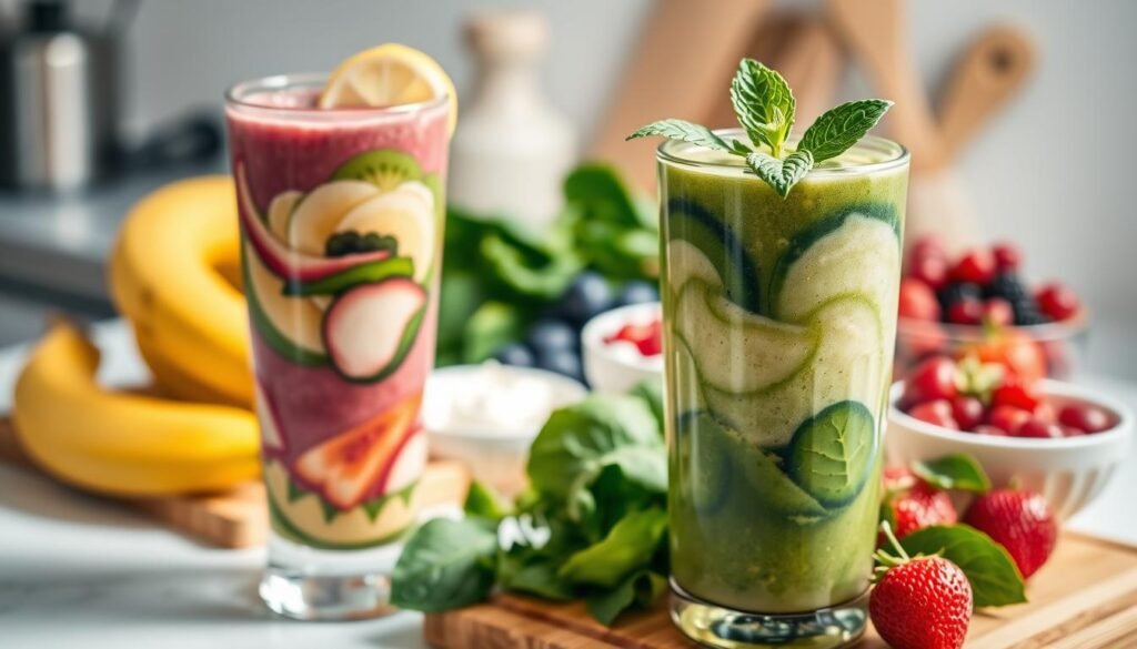A vibrant and appetizing scene of freshly made smoothie recipes. In the foreground, a tall glass filled with a swirling blend of colorful fruits and greens, garnished with a slice of lemon and a sprig of mint. The middle ground showcases an array of smoothie ingredients, including ripe bananas, berries, leafy spinach, and creamy yogurt, arranged on a wooden cutting board. The background features a kitchen counter with a few simple kitchen utensils, bathed in soft, natural lighting that accentuates the vibrant hues of the ingredients. The overall mood is one of simplicity, healthfulness, and effortless preparation, perfectly capturing the essence of "easy and quick-to-prepare smoothie recipes." A vibrant and appetizing scene of freshly made smoothie recipes. In the foreground, a tall glass filled with a swirling blend of colorful fruits and greens, garnished with a slice of lemon and a sprig of mint. The middle ground showcases an array of smoothie ingredients, including ripe bananas, berries, leafy spinach, and creamy yogurt, arranged on a wooden cutting board. The background features a kitchen counter with a few simple kitchen utensils, bathed in soft, natural lighting that accentuates the vibrant hues of the ingredients. The overall mood is one of simplicity, healthfulness, and effortless preparation, perfectly capturing the essence of "easy and quick-to-prepare smoothie recipes."