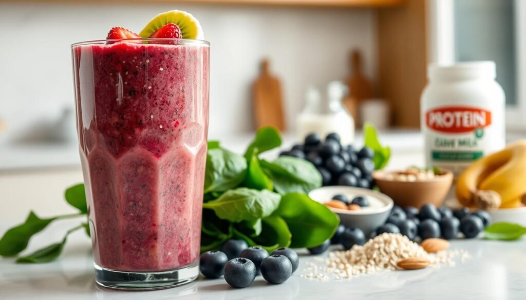 A vibrant and appetizing smoothie featuring an array of fresh, wholesome ingredients. In the foreground, a glass filled with a lush, creamy blend of berries, leafy greens, and plant-based protein. Floating atop the smoothie, sliced kiwi, banana, and a sprinkle of chia seeds provide a visually enticing contrast. In the middle ground, an assortment of ingredients are neatly arranged, including spinach, blueberries, almond milk, and a scoop of protein powder. The background showcases a clean, minimalist kitchen counter, with a bright, natural lighting illuminating the scene, creating a sense of health and vitality. The overall composition conveys the essential, nutritious components of a post-workout smoothie, designed to fuel muscle recovery and growth. A vibrant and appetizing smoothie featuring an array of fresh, wholesome ingredients. In the foreground, a glass filled with a lush, creamy blend of berries, leafy greens, and plant-based protein. Floating atop the smoothie, sliced kiwi, banana, and a sprinkle of chia seeds provide a visually enticing contrast. In the middle ground, an assortment of ingredients are neatly arranged, including spinach, blueberries, almond milk, and a scoop of protein powder. The background showcases a clean, minimalist kitchen counter, with a bright, natural lighting illuminating the scene, creating a sense of health and vitality. The overall composition conveys the essential, nutritious components of a post-workout smoothie, designed to fuel muscle recovery and growth.