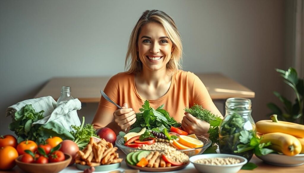 A vibrant and cheerful scene of a woman enjoying a healthy, balanced meal without feeling deprived. She sits at a table surrounded by an array of wholesome, colorful foods - fresh fruits, leafy greens, lean proteins, and whole grains. Soft, natural lighting illuminates the scene, creating a warm, inviting atmosphere. The woman's expression is one of satisfaction and contentment, showcasing that weight loss can be achieved through sustainable, mindful eating habits rather than strict deprivation. The background is blurred, keeping the focus on the main subject and the nourishing, enjoyable meal. A vibrant and cheerful scene of a woman enjoying a healthy, balanced meal without feeling deprived. She sits at a table surrounded by an array of wholesome, colorful foods - fresh fruits, leafy greens, lean proteins, and whole grains. Soft, natural lighting illuminates the scene, creating a warm, inviting atmosphere. The woman's expression is one of satisfaction and contentment, showcasing that weight loss can be achieved through sustainable, mindful eating habits rather than strict deprivation. The background is blurred, keeping the focus on the main subject and the nourishing, enjoyable meal.