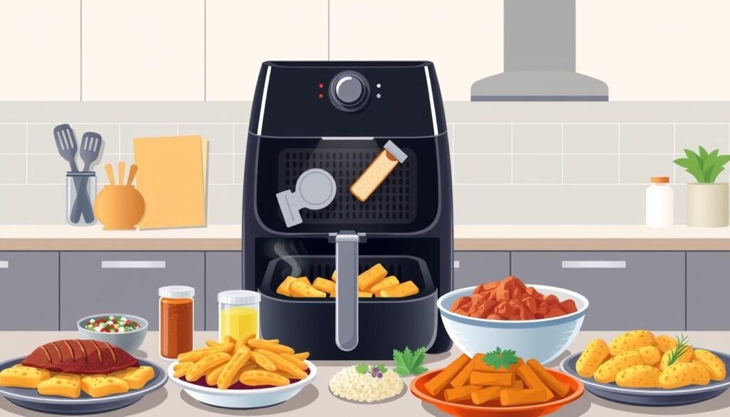 A vibrant and detailed illustration of helpful tips for air fryer cooking, showcasing a well-lit and carefully arranged scene. The foreground features an open air fryer with neatly arranged cooking utensils, seasonings, and a variety of prepared ingredients ready for air frying. The middle ground presents a selection of air-fried dishes, each with a distinct texture and color, highlighting the versatility of the air fryer. The background depicts a modern, minimalist kitchen setting with clean lines and muted tones, creating a sense of simplicity and sophistication. The overall atmosphere conveys a harmonious and informative presentation of air fryer cooking advice. A vibrant and detailed illustration of helpful tips for air fryer cooking, showcasing a well-lit and carefully arranged scene. The foreground features an open air fryer with neatly arranged cooking utensils, seasonings, and a variety of prepared ingredients ready for air frying. The middle ground presents a selection of air-fried dishes, each with a distinct texture and color, highlighting the versatility of the air fryer. The background depicts a modern, minimalist kitchen setting with clean lines and muted tones, creating a sense of simplicity and sophistication. The overall atmosphere conveys a harmonious and informative presentation of air fryer cooking advice.