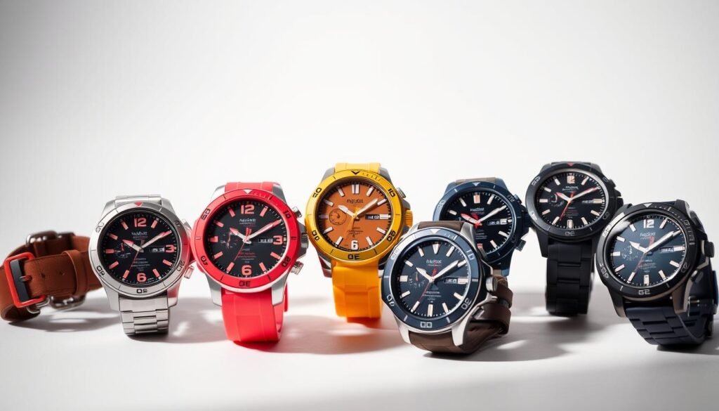 A vibrant and dynamic comparison of various sports watches, showcasing their distinct features and specifications against a clean, minimalist background. Sleek and modern timepieces in different colors and styles are meticulously arranged, allowing viewers to easily discern the unique attributes of each model. Subtle shadows and strategic lighting emphasize the watches' premium build quality and attention to detail. The overall composition creates a sense of balance and visual harmony, inviting the viewer to closely examine and compare the options for their next athletic endeavor. A vibrant and dynamic comparison of various sports watches, showcasing their distinct features and specifications against a clean, minimalist background. Sleek and modern timepieces in different colors and styles are meticulously arranged, allowing viewers to easily discern the unique attributes of each model. Subtle shadows and strategic lighting emphasize the watches' premium build quality and attention to detail. The overall composition creates a sense of balance and visual harmony, inviting the viewer to closely examine and compare the options for their next athletic endeavor.