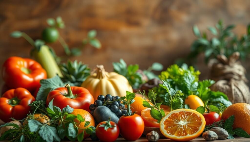A vibrant and natural-looking scene showcasing an assortment of fresh fruits, vegetables, and herbs against a warm, earthy backdrop. The foreground features a selection of these healthy ingredients, arranged artfully to suggest natural weight-loss remedies, with a soft, diffused lighting that enhances their vibrant colors and textures. The middle ground features a subtle, blurred background of lush greenery and natural elements, creating a calming, organic atmosphere. The overall composition conveys a sense of wellness, balance, and the power of nature-based solutions for weight management. A vibrant and natural-looking scene showcasing an assortment of fresh fruits, vegetables, and herbs against a warm, earthy backdrop. The foreground features a selection of these healthy ingredients, arranged artfully to suggest natural weight-loss remedies, with a soft, diffused lighting that enhances their vibrant colors and textures. The middle ground features a subtle, blurred background of lush greenery and natural elements, creating a calming, organic atmosphere. The overall composition conveys a sense of wellness, balance, and the power of nature-based solutions for weight management.