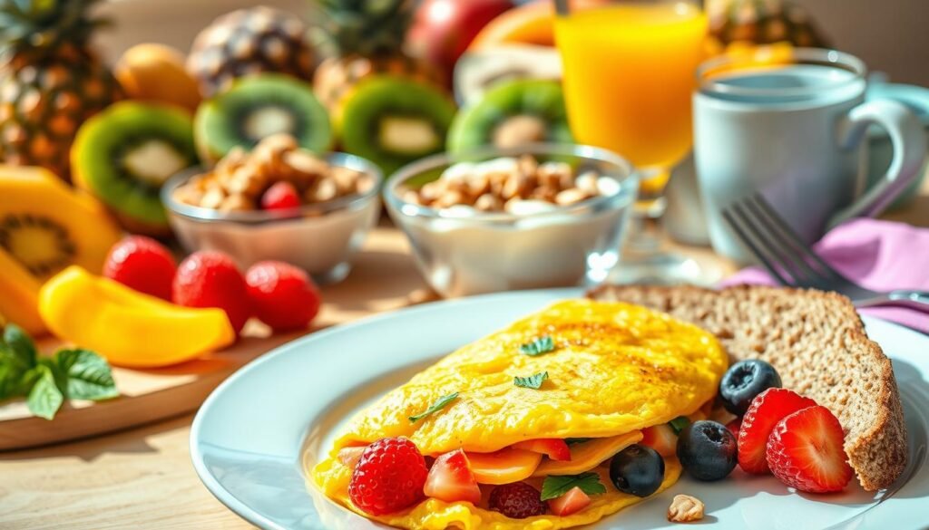 A vibrant and nourishing breakfast spread, showcasing a variety of healthy meal options. In the foreground, a plate featuring a fluffy omelet filled with fresh vegetables, accompanied by a slice of whole-grain toast and a side of juicy, ripe berries. In the middle ground, a bowl of creamy Greek yogurt topped with crunchy granola and sliced almonds, and a glass of freshly squeezed orange juice. In the background, a collection of colorful fruits, such as kiwi, mango, and pineapple, arranged in a visually appealing manner. The scene is bathed in warm, natural lighting, creating a welcoming and inviting atmosphere, perfect for starting the day on a healthy and energizing note. A vibrant and nourishing breakfast spread, showcasing a variety of healthy meal options. In the foreground, a plate featuring a fluffy omelet filled with fresh vegetables, accompanied by a slice of whole-grain toast and a side of juicy, ripe berries. In the middle ground, a bowl of creamy Greek yogurt topped with crunchy granola and sliced almonds, and a glass of freshly squeezed orange juice. In the background, a collection of colorful fruits, such as kiwi, mango, and pineapple, arranged in a visually appealing manner. The scene is bathed in warm, natural lighting, creating a welcoming and inviting atmosphere, perfect for starting the day on a healthy and energizing note.