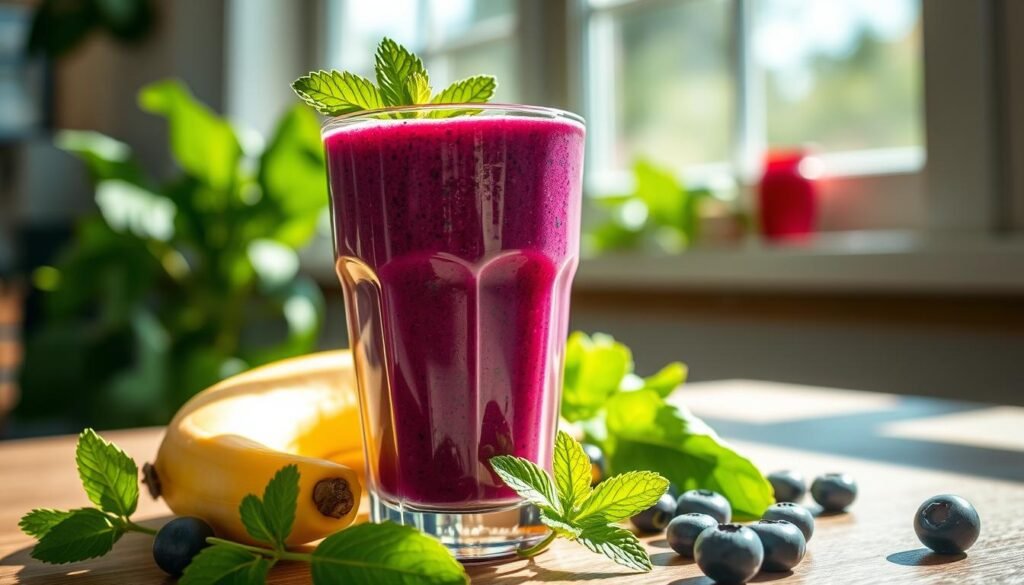 A vibrant and nutritious smoothie made with fresh blueberries, banana, and leafy greens. The rich, creamy texture is achieved through the perfect blend of ingredients, resulting in a low-calorie, antioxidant-packed beverage. Sunlight filters through a large window, casting a warm glow on the glass filled with the vibrant purple-green mixture. The smoothie is garnished with a sprig of mint, adding a touch of freshness. The overall scene evokes a sense of healthy indulgence, inviting the viewer to enjoy this nourishing and delicious treat. A vibrant and nutritious smoothie made with fresh blueberries, banana, and leafy greens. The rich, creamy texture is achieved through the perfect blend of ingredients, resulting in a low-calorie, antioxidant-packed beverage. Sunlight filters through a large window, casting a warm glow on the glass filled with the vibrant purple-green mixture. The smoothie is garnished with a sprig of mint, adding a touch of freshness. The overall scene evokes a sense of healthy indulgence, inviting the viewer to enjoy this nourishing and delicious treat.