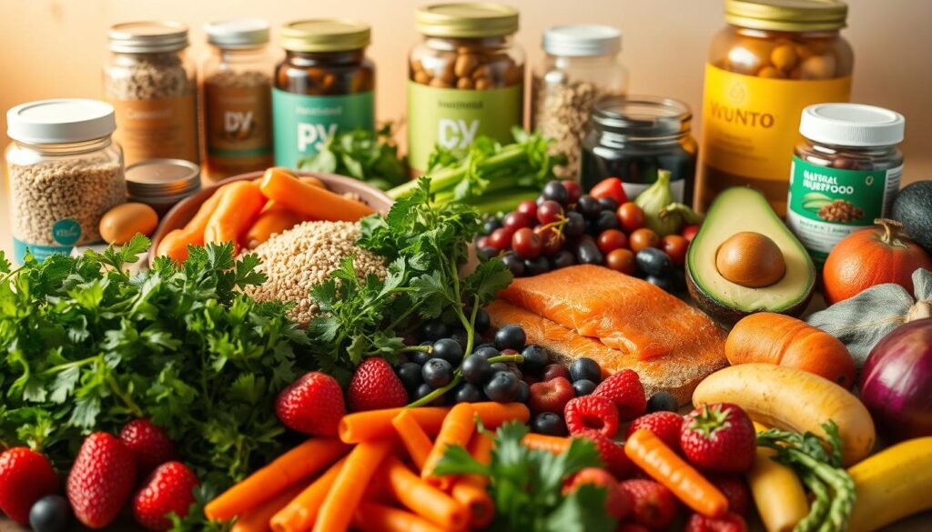 A vibrant and nutritious still life showcasing a variety of healthy dietary components. In the foreground, an assortment of fresh fruits and vegetables - crisp leafy greens, juicy berries, crunchy carrots - arranged with care. In the middle ground, various whole grains, lean proteins, and healthy fats such as quinoa, salmon, and avocado. The background features jars of natural supplements and superfoods, bathed in warm, golden lighting that accentuates the rich colors and textures. The overall scene conveys a sense of balance, vitality, and the benefits of a well-rounded, nourishing dietary approach. A vibrant and nutritious still life showcasing a variety of healthy dietary components. In the foreground, an assortment of fresh fruits and vegetables - crisp leafy greens, juicy berries, crunchy carrots - arranged with care. In the middle ground, various whole grains, lean proteins, and healthy fats such as quinoa, salmon, and avocado. The background features jars of natural supplements and superfoods, bathed in warm, golden lighting that accentuates the rich colors and textures. The overall scene conveys a sense of balance, vitality, and the benefits of a well-rounded, nourishing dietary approach.
