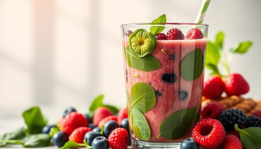 A vibrant and refreshing post-workout smoothie, brimming with antioxidant-rich ingredients. Overflowing with deep green spinach, ripe berries, and a touch of honey for sweetness. Sunlight filters through the transparent glass, casting a warm glow on the lush, layered blend. Expertly crafted to support muscle recovery and combat inflammation, this smoothie is the perfect fuel for the active lifestyle. Captured in a pristine, minimalist setting, the image exudes a sense of health, vitality, and wellness. A vibrant and refreshing post-workout smoothie, brimming with antioxidant-rich ingredients. Overflowing with deep green spinach, ripe berries, and a touch of honey for sweetness. Sunlight filters through the transparent glass, casting a warm glow on the lush, layered blend. Expertly crafted to support muscle recovery and combat inflammation, this smoothie is the perfect fuel for the active lifestyle. Captured in a pristine, minimalist setting, the image exudes a sense of health, vitality, and wellness.