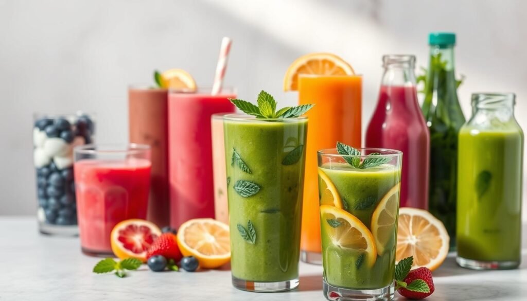 A vibrant and refreshing smoothie display, featuring an array of healthy weight-loss beverages. In the foreground, a glass filled with a vibrant green smoothie, infused with fresh mint leaves and slices of citrus fruits. Behind it, a variety of other glasses and bottles containing smoothies in hues of pink, orange, and purple, made with ingredients like berries, yogurt, and leafy greens. The background showcases a minimalist, airy setting with a neutral-toned backdrop, allowing the colorful drinks to take center stage. Soft, natural lighting from above gently illuminates the scene, creating a serene and inviting atmosphere. The overall composition highlights the nutritious and delicious nature of these weight-loss-friendly beverages. A vibrant and refreshing smoothie display, featuring an array of healthy weight-loss beverages. In the foreground, a glass filled with a vibrant green smoothie, infused with fresh mint leaves and slices of citrus fruits. Behind it, a variety of other glasses and bottles containing smoothies in hues of pink, orange, and purple, made with ingredients like berries, yogurt, and leafy greens. The background showcases a minimalist, airy setting with a neutral-toned backdrop, allowing the colorful drinks to take center stage. Soft, natural lighting from above gently illuminates the scene, creating a serene and inviting atmosphere. The overall composition highlights the nutritious and delicious nature of these weight-loss-friendly beverages.