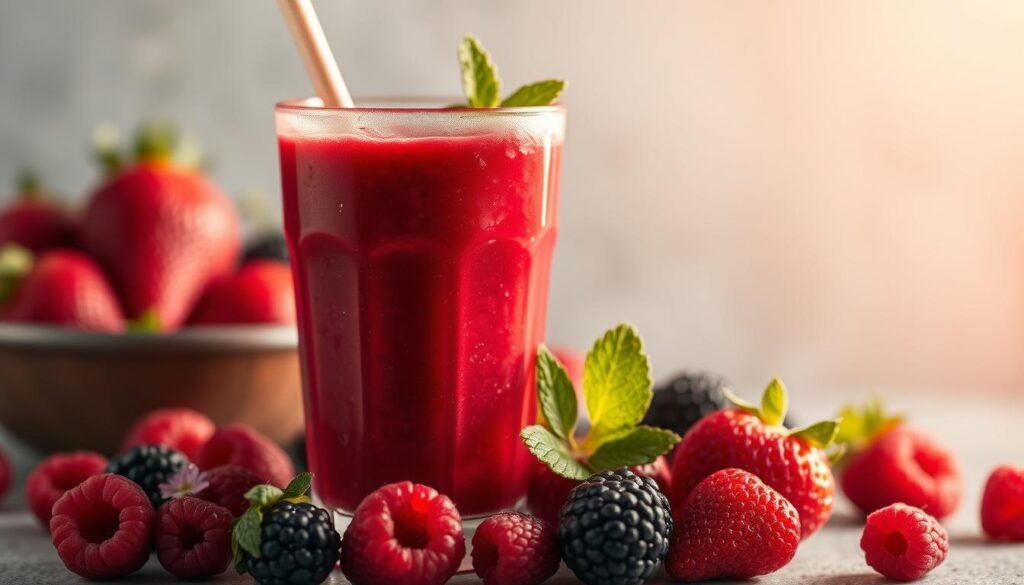 A vibrant and tempting smoothie made with a medley of ripe, juicy red berries including raspberries, strawberries, and blackberries. The lush, ruby-colored beverage is beautifully lit from the side, casting a warm glow and creating depth and dimension. The glass is frosted, adding a refreshing, chilled quality. Delicate floral and herbal notes complement the sweet-tart berry flavors, creating a perfectly balanced and invigorating drink. The composition is clean and minimalist, allowing the vibrant colors and textures of the smoothie to take center stage. A vibrant and tempting smoothie made with a medley of ripe, juicy red berries including raspberries, strawberries, and blackberries. The lush, ruby-colored beverage is beautifully lit from the side, casting a warm glow and creating depth and dimension. The glass is frosted, adding a refreshing, chilled quality. Delicate floral and herbal notes complement the sweet-tart berry flavors, creating a perfectly balanced and invigorating drink. The composition is clean and minimalist, allowing the vibrant colors and textures of the smoothie to take center stage.