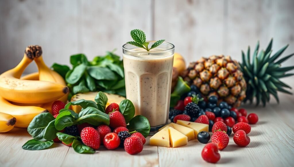A vibrant, appetizing arrangement of healthy smoothie ingredients on a light wooden table. In the foreground, a variety of fresh fruits and vegetables, such as ripe bananas, crisp spinach leaves, juicy pineapple slices, and vibrant berries. In the middle ground, a clear glass filled with a lush, creamy smoothie, garnished with a sprig of mint. The background features a simple, rustic backdrop, with soft natural lighting creating a warm, inviting atmosphere. The scene conveys a sense of balance, nutrition, and a refreshing, low-calorie treat. A vibrant, appetizing arrangement of healthy smoothie ingredients on a light wooden table. In the foreground, a variety of fresh fruits and vegetables, such as ripe bananas, crisp spinach leaves, juicy pineapple slices, and vibrant berries. In the middle ground, a clear glass filled with a lush, creamy smoothie, garnished with a sprig of mint. The background features a simple, rustic backdrop, with soft natural lighting creating a warm, inviting atmosphere. The scene conveys a sense of balance, nutrition, and a refreshing, low-calorie treat.