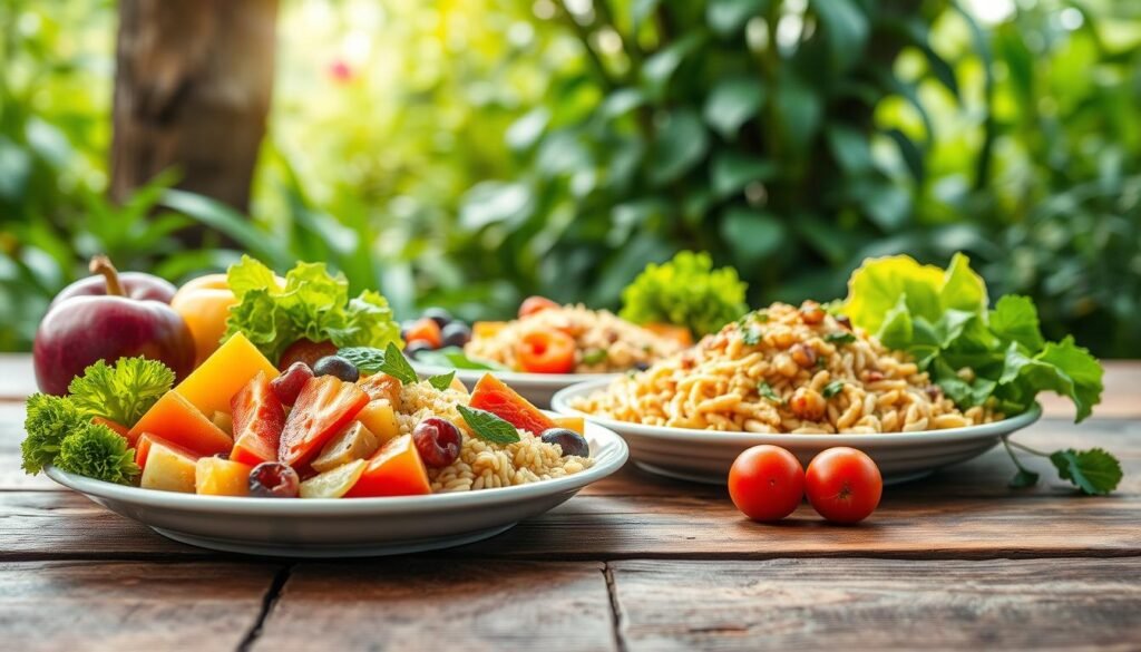 A vibrant, appetizing display of healthy children's meals on a rustic wooden table. In the foreground, a plate showcases a colorful assortment of fresh fruits, vegetables, and whole grains, expertly arranged to entice young palates. The middle ground features a hearty, nutritious main dish, such as a wholesome pasta or rice-based meal, accompanied by lean protein and vibrant greens. In the background, a lush, verdant setting with natural light filtering through, creating a warm, inviting atmosphere that evokes a sense of nourishment and wellbeing. The composition is balanced, the colors are vibrant, and the overall presentation is both appetizing and visually appealing, reflecting the importance of providing healthy, delicious options for growing children. A vibrant, appetizing display of healthy children's meals on a rustic wooden table. In the foreground, a plate showcases a colorful assortment of fresh fruits, vegetables, and whole grains, expertly arranged to entice young palates. The middle ground features a hearty, nutritious main dish, such as a wholesome pasta or rice-based meal, accompanied by lean protein and vibrant greens. In the background, a lush, verdant setting with natural light filtering through, creating a warm, inviting atmosphere that evokes a sense of nourishment and wellbeing. The composition is balanced, the colors are vibrant, and the overall presentation is both appetizing and visually appealing, reflecting the importance of providing healthy, delicious options for growing children.