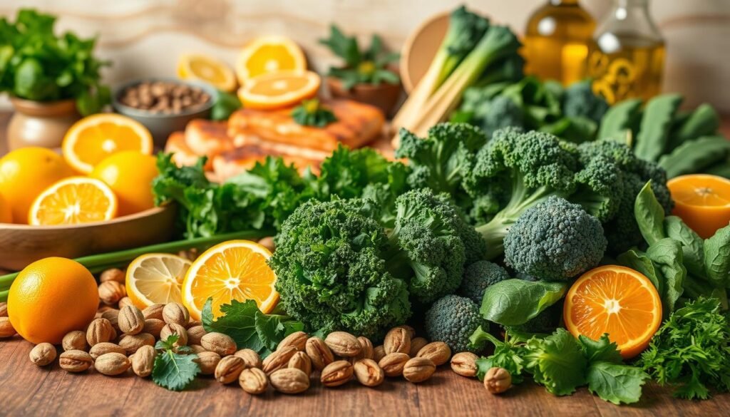 A vibrant, appetizing image showcasing a variety of fat-burning foods artfully arranged on a wooden table. In the foreground, fresh green vegetables like broccoli, spinach, and kale stand out, their crisp textures complemented by juicy citrus fruits and crisp nuts. In the middle ground, lean protein sources like grilled chicken, salmon, and tofu are presented in an inviting manner, while the background features an array of spices, herbs, and healthy oils, suggesting the myriad ways these ingredients can be incorporated into delicious, nourishing meals. The lighting is soft and natural, highlighting the vibrant colors and creating a warm, welcoming atmosphere. The overall composition conveys the ease and accessibility of incorporating fat-burning foods into one's daily diet. A vibrant, appetizing image showcasing a variety of fat-burning foods artfully arranged on a wooden table. In the foreground, fresh green vegetables like broccoli, spinach, and kale stand out, their crisp textures complemented by juicy citrus fruits and crisp nuts. In the middle ground, lean protein sources like grilled chicken, salmon, and tofu are presented in an inviting manner, while the background features an array of spices, herbs, and healthy oils, suggesting the myriad ways these ingredients can be incorporated into delicious, nourishing meals. The lighting is soft and natural, highlighting the vibrant colors and creating a warm, welcoming atmosphere. The overall composition conveys the ease and accessibility of incorporating fat-burning foods into one's daily diet.
