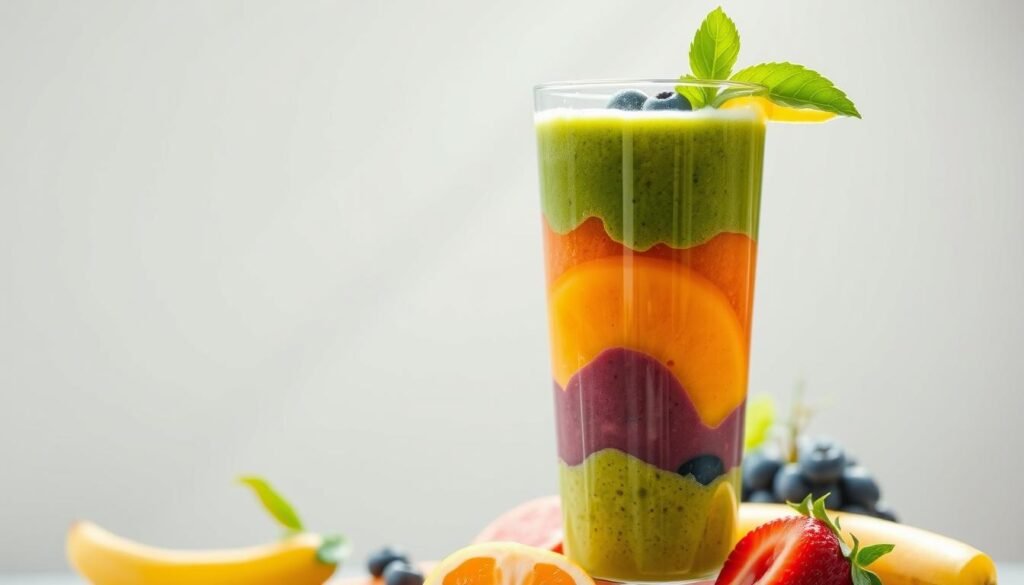 A vibrant, appetizing smoothie in a tall glass, filled with a blend of fresh, colorful fruits and vegetables. The smoothie has a rich, creamy texture and a perfect balance of sweetness and tanginess. Soft morning light filters through the glass, creating a warm, inviting glow. The arrangement is captured from a slightly elevated angle, showcasing the drink's tempting layers and vibrant hues - deep green, bright orange, and vivid purple. The background is a clean, minimalist space, allowing the smoothie to take center stage as a healthy, nourishing breakfast option. A vibrant, appetizing smoothie in a tall glass, filled with a blend of fresh, colorful fruits and vegetables. The smoothie has a rich, creamy texture and a perfect balance of sweetness and tanginess. Soft morning light filters through the glass, creating a warm, inviting glow. The arrangement is captured from a slightly elevated angle, showcasing the drink's tempting layers and vibrant hues - deep green, bright orange, and vivid purple. The background is a clean, minimalist space, allowing the smoothie to take center stage as a healthy, nourishing breakfast option.