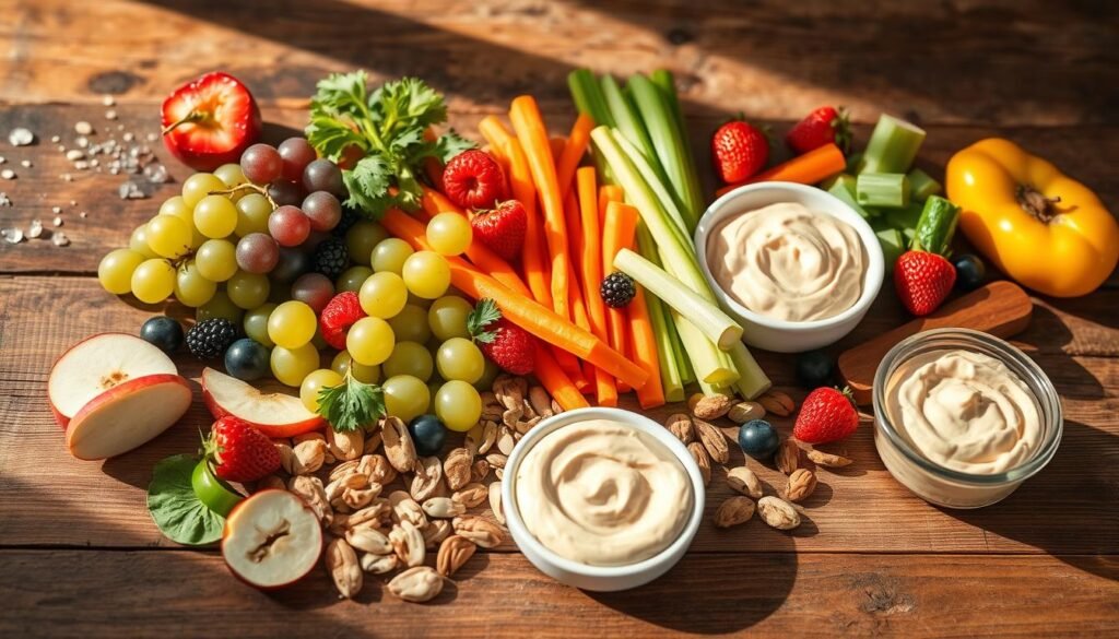A vibrant arrangement of healthy snacks on a rustic wooden table, bathed in warm, natural lighting. Fresh fruits like apple slices, grapes, and berries alongside crunchy veggies like carrot sticks and celery. Complemented by a scattering of unsalted nuts, seeds, and a small bowl of hummus. The scene exudes a sense of balance, nourishment, and mindful indulgence - the perfect between-meal bites to fuel the body and satisfy cravings. A vibrant arrangement of healthy snacks on a rustic wooden table, bathed in warm, natural lighting. Fresh fruits like apple slices, grapes, and berries alongside crunchy veggies like carrot sticks and celery. Complemented by a scattering of unsalted nuts, seeds, and a small bowl of hummus. The scene exudes a sense of balance, nourishment, and mindful indulgence - the perfect between-meal bites to fuel the body and satisfy cravings.