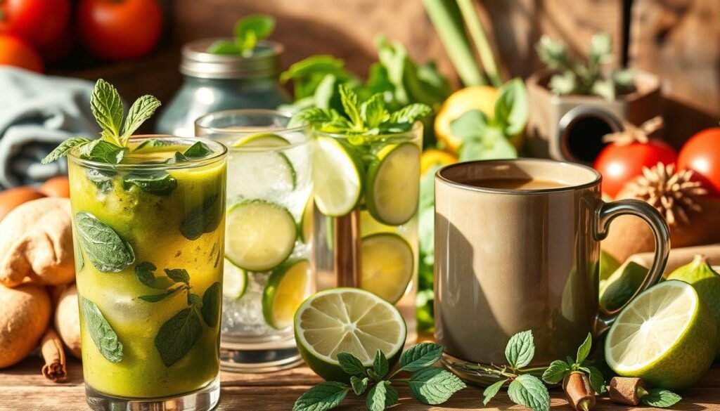 A vibrant array of healthy beverages for weight loss, captured in a rustic, sun-dappled setting. In the foreground, a refreshing green smoothie with spinach, avocado, and lime, garnished with a sprig of mint. Beside it, a glass of infused water with slices of cucumber and lemon, emanating a crisp, revitalizing aroma. In the middle ground, a steaming mug of herbal tea, its earthy notes complemented by a hint of cinnamon. The background showcases an assortment of fresh fruits, vegetables, and aromatic herbs, creating a natural, wholesome atmosphere. Soft, warm lighting bathes the scene, evoking a sense of balance and wellness. The overall composition conveys a visually appealing and appetizing presentation of healthy, weight-loss-promoting drinks. A vibrant array of healthy beverages for weight loss, captured in a rustic, sun-dappled setting. In the foreground, a refreshing green smoothie with spinach, avocado, and lime, garnished with a sprig of mint. Beside it, a glass of infused water with slices of cucumber and lemon, emanating a crisp, revitalizing aroma. In the middle ground, a steaming mug of herbal tea, its earthy notes complemented by a hint of cinnamon. The background showcases an assortment of fresh fruits, vegetables, and aromatic herbs, creating a natural, wholesome atmosphere. Soft, warm lighting bathes the scene, evoking a sense of balance and wellness. The overall composition conveys a visually appealing and appetizing presentation of healthy, weight-loss-promoting drinks.
