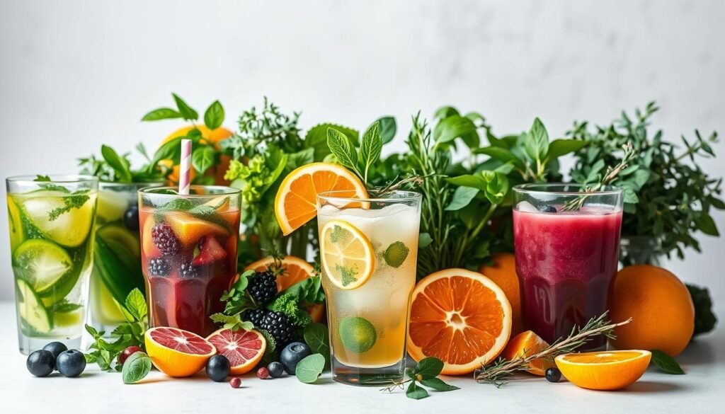 A vibrant, artistically styled arrangement of refreshing detox beverages, showcasing a variety of fresh fruits, vegetables, and herbs. The foreground features a selection of glasses filled with infused waters, smoothies, and juices in various hues of green, purple, and orange. The middle ground highlights the natural ingredients used, such as leafy greens, citrus fruits, berries, and aromatic herbs, all meticulously arranged to create a visually appealing and appetizing display. The background is softly blurred, creating a serene, minimalist setting that allows the detox drinks to take center stage. The lighting is soft and diffused, accentuating the vibrant colors and natural textures of the ingredients. The overall composition conveys a sense of health, wellness, and the rejuvenating power of these nourishing detox beverages. A vibrant, artistically styled arrangement of refreshing detox beverages, showcasing a variety of fresh fruits, vegetables, and herbs. The foreground features a selection of glasses filled with infused waters, smoothies, and juices in various hues of green, purple, and orange. The middle ground highlights the natural ingredients used, such as leafy greens, citrus fruits, berries, and aromatic herbs, all meticulously arranged to create a visually appealing and appetizing display. The background is softly blurred, creating a serene, minimalist setting that allows the detox drinks to take center stage. The lighting is soft and diffused, accentuating the vibrant colors and natural textures of the ingredients. The overall composition conveys a sense of health, wellness, and the rejuvenating power of these nourishing detox beverages.