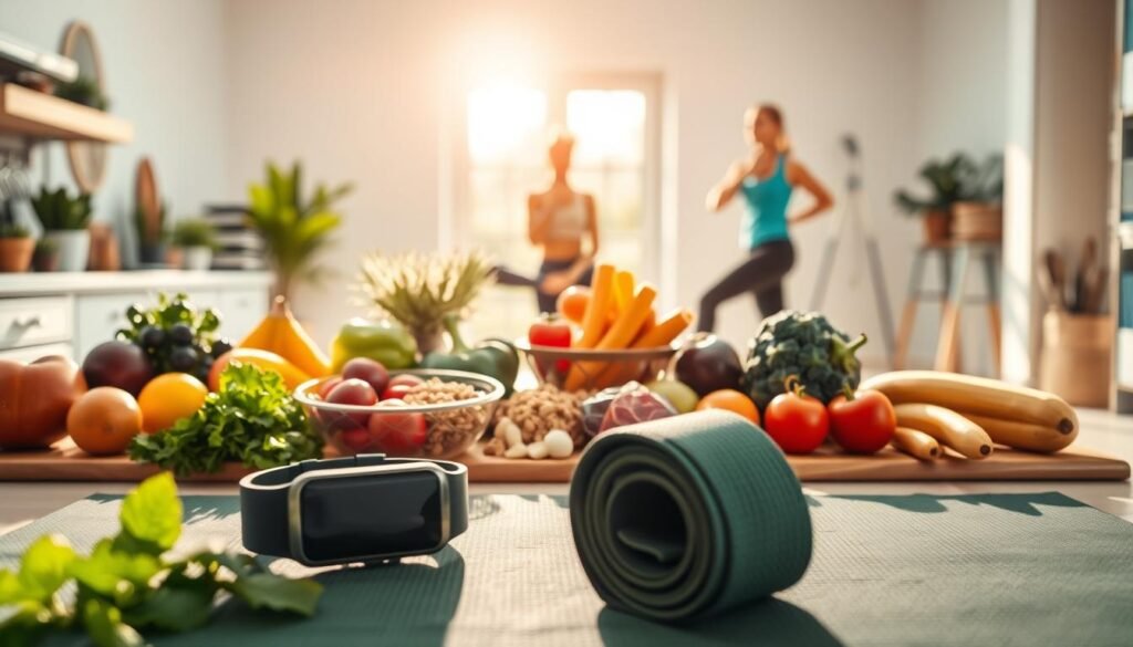 A vibrant, balanced diet consisting of fresh fruits, vegetables, whole grains, and lean proteins, complemented by a series of dynamic, low-impact exercises like yoga, pilates, and brisk walking. The scene captures a serene, sunlit kitchen counter showcasing an array of wholesome ingredients, with a fitness tracker and exercise mat in the foreground. The background features a well-equipped home gym, bathed in warm, natural lighting that casts a tranquil, invigorating atmosphere, encouraging a holistic approach to health and wellness. A vibrant, balanced diet consisting of fresh fruits, vegetables, whole grains, and lean proteins, complemented by a series of dynamic, low-impact exercises like yoga, pilates, and brisk walking. The scene captures a serene, sunlit kitchen counter showcasing an array of wholesome ingredients, with a fitness tracker and exercise mat in the foreground. The background features a well-equipped home gym, bathed in warm, natural lighting that casts a tranquil, invigorating atmosphere, encouraging a holistic approach to health and wellness.