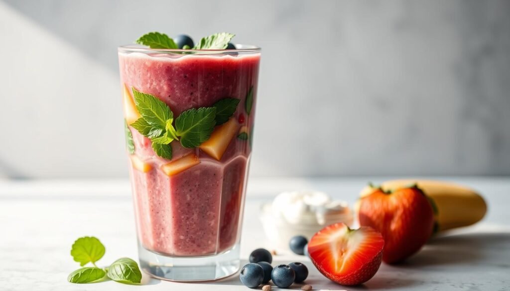 A vibrant, close-up image of a healthy, protein-rich smoothie in a glass, showcasing its benefits for muscle growth and recovery. The smoothie should feature a blend of colorful fruits, leafy greens, and nutritious supplements like protein powder or Greek yogurt. Set against a clean, minimalist background, the lighting should be natural and warm, emphasizing the smoothie's inviting texture and appealing colors. The composition should highlight the smoothie's ingredients and convey a sense of vitality and nourishment, reflecting the smoothie's ability to support muscle building and quick recovery after exercise. A vibrant, close-up image of a healthy, protein-rich smoothie in a glass, showcasing its benefits for muscle growth and recovery. The smoothie should feature a blend of colorful fruits, leafy greens, and nutritious supplements like protein powder or Greek yogurt. Set against a clean, minimalist background, the lighting should be natural and warm, emphasizing the smoothie's inviting texture and appealing colors. The composition should highlight the smoothie's ingredients and convey a sense of vitality and nourishment, reflecting the smoothie's ability to support muscle building and quick recovery after exercise.