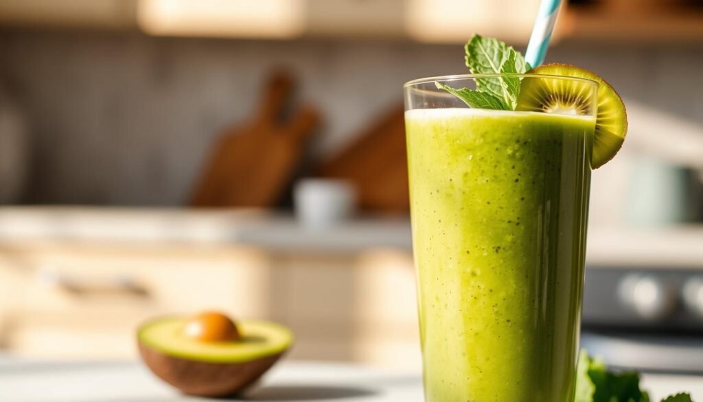 A vibrant, freshly blended smoothie in a tall glass, garnished with a slice of kiwi and a sprig of mint. The smoothie has a rich, creamy texture, with a bright green hue from spinach, kale, and avocado. Soft natural lighting illuminates the glass, casting gentle shadows and highlighting the smoothie's inviting appearance. The background is a serene, blurred kitchen counter, suggesting a healthy, balanced lifestyle. The overall composition conveys a sense of vitality, nourishment, and the pursuit of a well-rounded, weight-conscious diet. A vibrant, freshly blended smoothie in a tall glass, garnished with a slice of kiwi and a sprig of mint. The smoothie has a rich, creamy texture, with a bright green hue from spinach, kale, and avocado. Soft natural lighting illuminates the glass, casting gentle shadows and highlighting the smoothie's inviting appearance. The background is a serene, blurred kitchen counter, suggesting a healthy, balanced lifestyle. The overall composition conveys a sense of vitality, nourishment, and the pursuit of a well-rounded, weight-conscious diet.