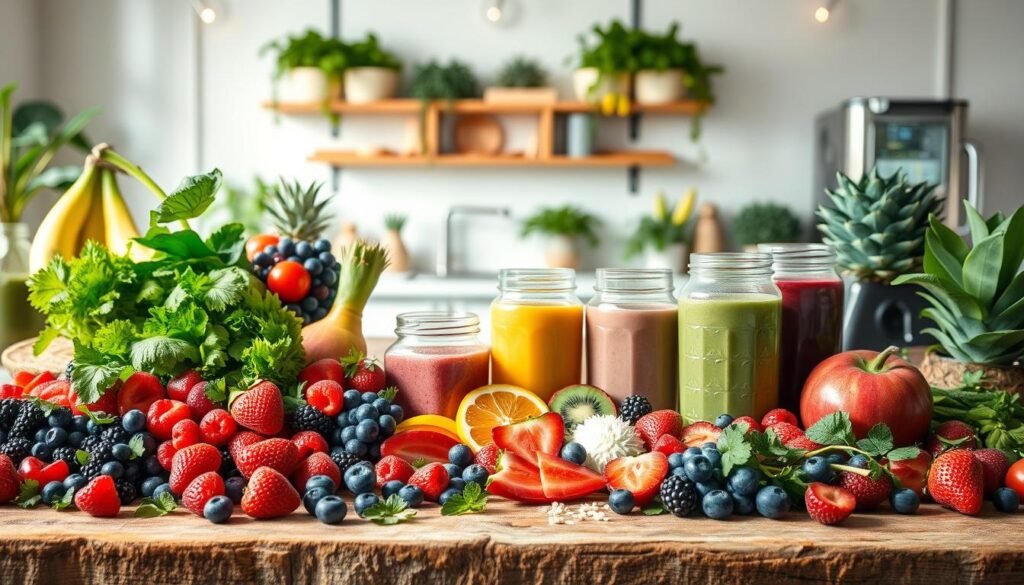 A vibrant, healthy smoothie bar scene with an array of colorful, fresh ingredients. In the foreground, an assortment of berries, leafy greens, tropical fruits, and protein-rich add-ins are arranged artfully on a rustic wooden surface, lit by soft, natural lighting. In the middle ground, various glass jars and blending equipment are positioned, suggesting the process of crafting nourishing, weight-loss-friendly smoothies. The background features a minimalist, airy kitchen setting with clean, white walls and accents of greenery, conveying a sense of purity and wellness. The overall mood is one of simplicity, health, and vibrant vitality, encapsulating the essence of wholesome smoothie recipes for natural weight loss. A vibrant, healthy smoothie bar scene with an array of colorful, fresh ingredients. In the foreground, an assortment of berries, leafy greens, tropical fruits, and protein-rich add-ins are arranged artfully on a rustic wooden surface, lit by soft, natural lighting. In the middle ground, various glass jars and blending equipment are positioned, suggesting the process of crafting nourishing, weight-loss-friendly smoothies. The background features a minimalist, airy kitchen setting with clean, white walls and accents of greenery, conveying a sense of purity and wellness. The overall mood is one of simplicity, health, and vibrant vitality, encapsulating the essence of wholesome smoothie recipes for natural weight loss.