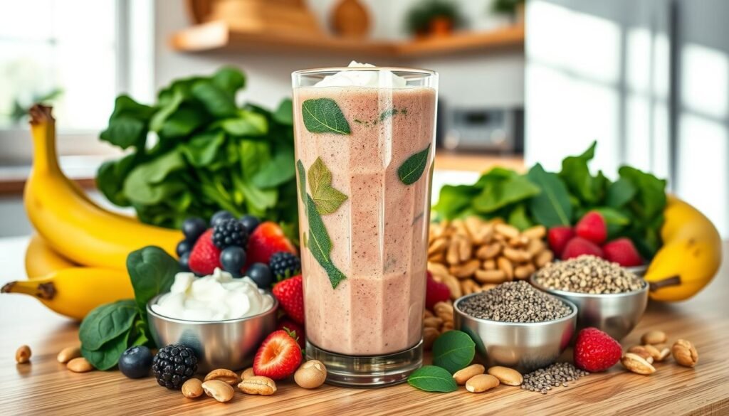 A vibrant, high-quality smoothie featuring a variety of nutrient-dense ingredients for muscle-building protein. The foreground showcases a glass filled with a thick, creamy liquid, blended with leafy greens, berries, nuts, and a scoop of protein powder. The middle ground features various whole food components, such as bananas, spinach, Greek yogurt, and chia seeds, artfully arranged around the glass. The background has a clean, minimalist kitchen setting with natural lighting streaming in, creating a warm, inviting atmosphere. The overall composition emphasizes the healthful, natural properties of the smoothie, highlighting its role as a post-workout recovery drink to support muscle growth and repair. A vibrant, high-quality smoothie featuring a variety of nutrient-dense ingredients for muscle-building protein. The foreground showcases a glass filled with a thick, creamy liquid, blended with leafy greens, berries, nuts, and a scoop of protein powder. The middle ground features various whole food components, such as bananas, spinach, Greek yogurt, and chia seeds, artfully arranged around the glass. The background has a clean, minimalist kitchen setting with natural lighting streaming in, creating a warm, inviting atmosphere. The overall composition emphasizes the healthful, natural properties of the smoothie, highlighting its role as a post-workout recovery drink to support muscle growth and repair.