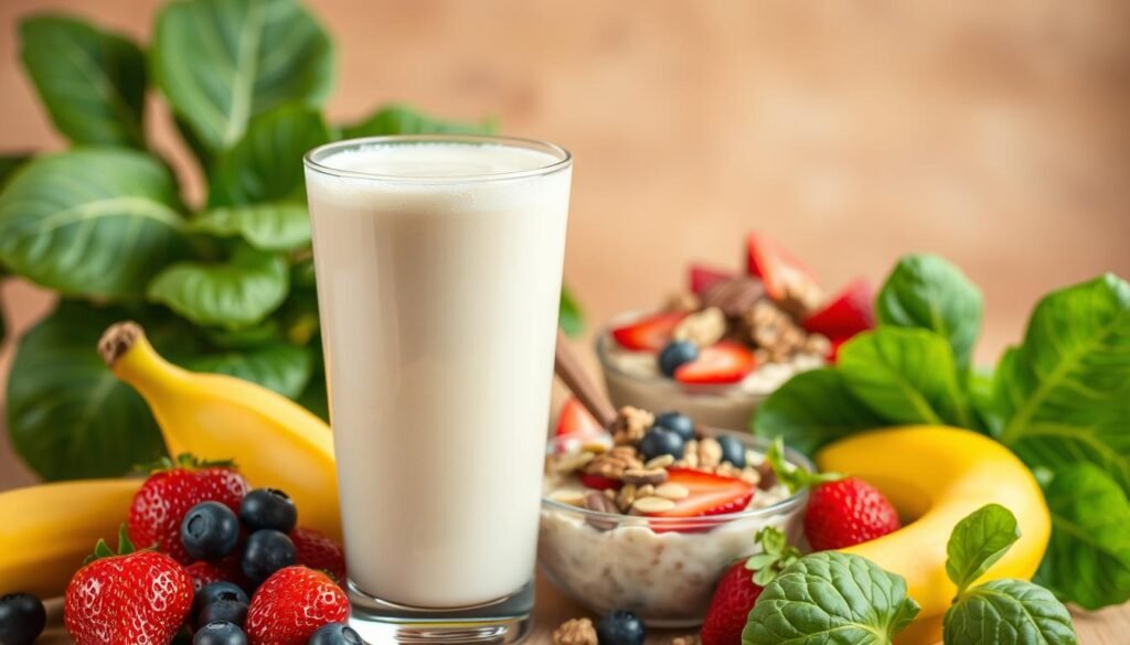 A vibrant, high-resolution image of various healthy and nutritious foods associated with whey protein, set against a warm, natural background. In the foreground, a glass of frothy whey protein shake, surrounded by fresh fruits like bananas, blueberries, and strawberries. In the middle ground, a bowl of oatmeal or yogurt topped with nuts, seeds, and a scoop of whey protein powder. In the background, a lush, green leafy plant, perhaps a spinach or kale plant, symbolizing the wholesome, plant-based elements of a balanced, whey protein-enriched diet. The lighting should be soft and natural, highlighting the vibrant colors and textures of the foods. The overall composition should convey the idea of health, wellness, and the everyday versatility of incorporating whey protein into a nutritious lifestyle. A vibrant, high-resolution image of various healthy and nutritious foods associated with whey protein, set against a warm, natural background. In the foreground, a glass of frothy whey protein shake, surrounded by fresh fruits like bananas, blueberries, and strawberries. In the middle ground, a bowl of oatmeal or yogurt topped with nuts, seeds, and a scoop of whey protein powder. In the background, a lush, green leafy plant, perhaps a spinach or kale plant, symbolizing the wholesome, plant-based elements of a balanced, whey protein-enriched diet. The lighting should be soft and natural, highlighting the vibrant colors and textures of the foods. The overall composition should convey the idea of health, wellness, and the everyday versatility of incorporating whey protein into a nutritious lifestyle.