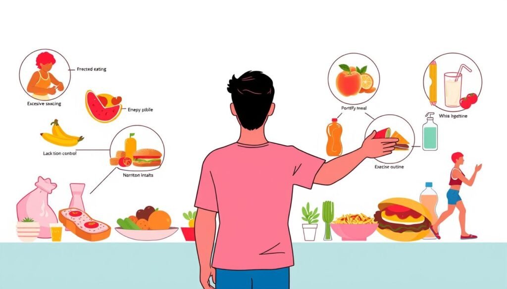 A vibrant, informative illustration showcasing the common pitfalls in dietary regimes and practical solutions to avoid them. Set against a clean, minimalist background, the image features detailed depictions of unhealthy eating habits, such as excessive snacking, lack of portion control, and insufficient nutrient intake. In the foreground, a central figure points towards a series of visual metaphors representing the remedies - balanced meals, hydration, and exercise routines - all bathed in warm, natural lighting to convey a sense of wellness and vitality. The composition strikes a balance between educational clarity and visual appeal, guiding the viewer towards adopting healthier lifestyle choices. A vibrant, informative illustration showcasing the common pitfalls in dietary regimes and practical solutions to avoid them. Set against a clean, minimalist background, the image features detailed depictions of unhealthy eating habits, such as excessive snacking, lack of portion control, and insufficient nutrient intake. In the foreground, a central figure points towards a series of visual metaphors representing the remedies - balanced meals, hydration, and exercise routines - all bathed in warm, natural lighting to convey a sense of wellness and vitality. The composition strikes a balance between educational clarity and visual appeal, guiding the viewer towards adopting healthier lifestyle choices.