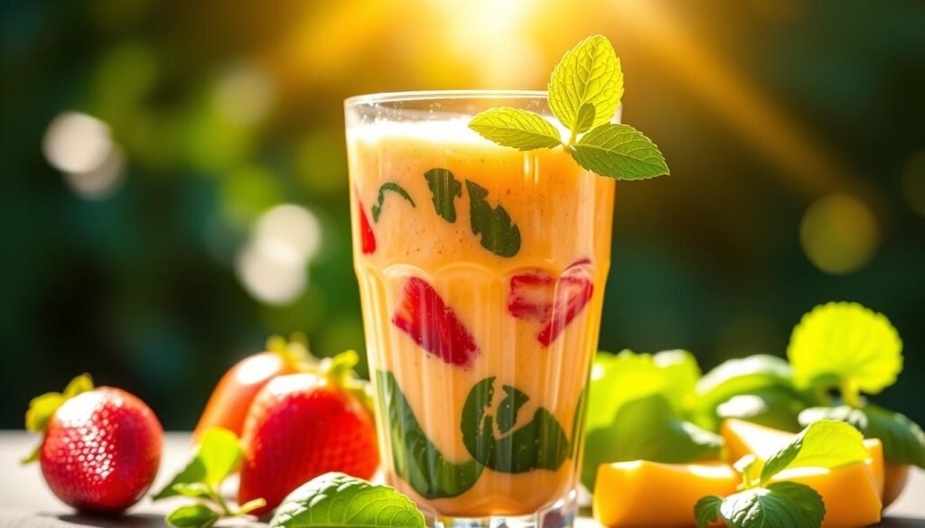 A vibrant, mouth-watering smoothie made with an assortment of fresh fruits and vegetables, perfectly blended to create a healthy, fat-burning elixir. The glass is filled to the brim with a luscious, creamy blend of ripe strawberries, juicy mango, crisp spinach, and tangy Greek yogurt. Sunlight filters through the glass, casting a warm, golden glow and highlighting the rich, jewel-toned colors of the ingredients. The smoothie is garnished with a sprig of mint, adding a refreshing touch. The overall scene exudes a sense of vitality, nutrition, and a desire to sip and savor this nourishing, slimming concoction. A vibrant, mouth-watering smoothie made with an assortment of fresh fruits and vegetables, perfectly blended to create a healthy, fat-burning elixir. The glass is filled to the brim with a luscious, creamy blend of ripe strawberries, juicy mango, crisp spinach, and tangy Greek yogurt. Sunlight filters through the glass, casting a warm, golden glow and highlighting the rich, jewel-toned colors of the ingredients. The smoothie is garnished with a sprig of mint, adding a refreshing touch. The overall scene exudes a sense of vitality, nutrition, and a desire to sip and savor this nourishing, slimming concoction.