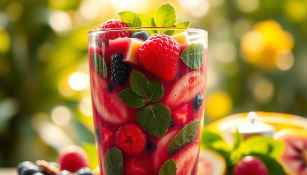 A vibrant, natural fruit smoothie in a clear glass, bathed in warm, natural lighting. In the foreground, a blend of ripe, juicy berries, tropical fruits, and leafy greens swirls together, creating a vivid, appetizing texture. The middle ground features a slight reflection of the glass, adding depth and dimension. The background is a soft, blurred, natural setting, with hints of lush greenery and a warm, golden hue, evoking a sense of freshness and vitality. The overall composition radiates an aura of health, youth, and timeless beauty, perfectly capturing the essence of a nourishing, anti-aging fruit smoothie. A vibrant, natural fruit smoothie in a clear glass, bathed in warm, natural lighting. In the foreground, a blend of ripe, juicy berries, tropical fruits, and leafy greens swirls together, creating a vivid, appetizing texture. The middle ground features a slight reflection of the glass, adding depth and dimension. The background is a soft, blurred, natural setting, with hints of lush greenery and a warm, golden hue, evoking a sense of freshness and vitality. The overall composition radiates an aura of health, youth, and timeless beauty, perfectly capturing the essence of a nourishing, anti-aging fruit smoothie.