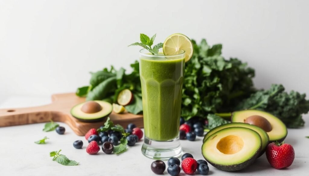A vibrant, nutrient-dense smoothie scene against a clean, minimalist backdrop. In the foreground, a glass filled with a vibrant green smoothie, garnished with a slice of lime and a sprig of fresh mint. Surrounding the glass, an assortment of healthy ingredients like spinach, kale, avocado, and berries. In the middle ground, a wooden cutting board with sliced fruits and vegetables, conveying the process of preparing the smoothie. The background features a plain, white wall, allowing the fresh, natural colors of the smoothie and ingredients to take center stage. Soft, even lighting illuminates the scene, highlighting the textures and vibrant hues. The overall atmosphere is clean, refreshing, and inviting, reflecting the healthy, detoxifying nature of the smoothie recipe. A vibrant, nutrient-dense smoothie scene against a clean, minimalist backdrop. In the foreground, a glass filled with a vibrant green smoothie, garnished with a slice of lime and a sprig of fresh mint. Surrounding the glass, an assortment of healthy ingredients like spinach, kale, avocado, and berries. In the middle ground, a wooden cutting board with sliced fruits and vegetables, conveying the process of preparing the smoothie. The background features a plain, white wall, allowing the fresh, natural colors of the smoothie and ingredients to take center stage. Soft, even lighting illuminates the scene, highlighting the textures and vibrant hues. The overall atmosphere is clean, refreshing, and inviting, reflecting the healthy, detoxifying nature of the smoothie recipe.