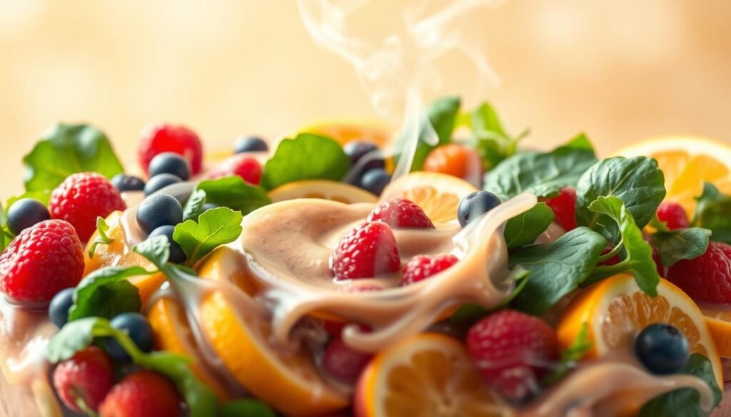 A vibrant, photorealistic image of various healthy smoothie ingredients floating against a softly blurred background. In the foreground, a mixture of fresh fruits like berries, bananas, and citrus swirls together, surrounded by green leafy veggies like spinach and kale. Wisps of steam rise from the blended concoction, hinting at its creamy, frothy texture. The lighting is warm and natural, casting a gentle glow on the scene. The composition is balanced and visually appealing, highlighting the nutritious components of this wholesome smoothie. The image exudes a sense of vitality and wellness, perfectly capturing the health benefits of this refreshing beverage. A vibrant, photorealistic image of various healthy smoothie ingredients floating against a softly blurred background. In the foreground, a mixture of fresh fruits like berries, bananas, and citrus swirls together, surrounded by green leafy veggies like spinach and kale. Wisps of steam rise from the blended concoction, hinting at its creamy, frothy texture. The lighting is warm and natural, casting a gentle glow on the scene. The composition is balanced and visually appealing, highlighting the nutritious components of this wholesome smoothie. The image exudes a sense of vitality and wellness, perfectly capturing the health benefits of this refreshing beverage.
