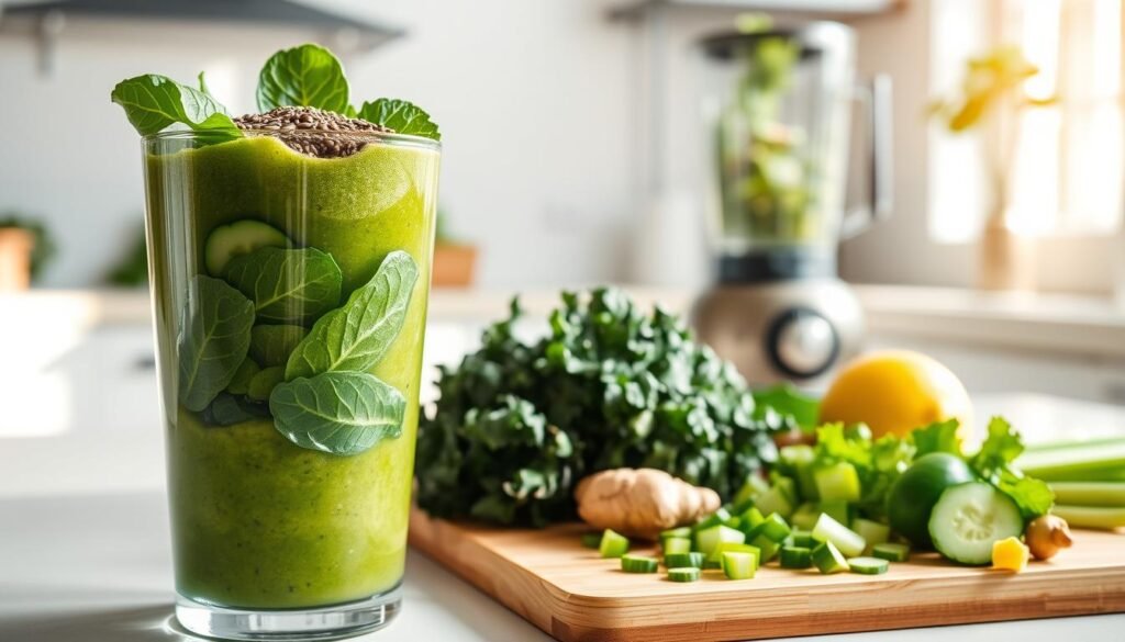 A vibrant, refreshing vegetable smoothie bursting with health-boosting ingredients. In the foreground, a glass filled with a lush, verdant blend of spinach, kale, cucumber, and celery, topped with a sprinkle of chia seeds. The middle ground showcases a cutting board with freshly chopped ingredients, including ginger, lemon, and a handful of vibrant greens. In the background, a minimalist kitchen counter with a blender and a potted plant, bathed in warm, natural light pouring through a window. The atmosphere is crisp, clean, and energizing, perfectly capturing the essence of a nourishing morning smoothie. A vibrant, refreshing vegetable smoothie bursting with health-boosting ingredients. In the foreground, a glass filled with a lush, verdant blend of spinach, kale, cucumber, and celery, topped with a sprinkle of chia seeds. The middle ground showcases a cutting board with freshly chopped ingredients, including ginger, lemon, and a handful of vibrant greens. In the background, a minimalist kitchen counter with a blender and a potted plant, bathed in warm, natural light pouring through a window. The atmosphere is crisp, clean, and energizing, perfectly capturing the essence of a nourishing morning smoothie.