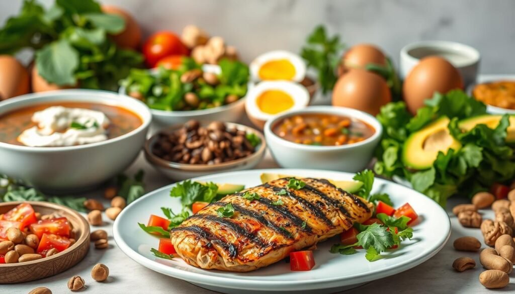 A vibrant spread of high-protein recipes, showcasing a diverse array of healthy, homemade dishes. In the foreground, a steaming plate of grilled chicken breast, accompanied by a colorful salad of leafy greens, diced tomatoes, and sliced avocado. In the middle ground, a bowl of lentil soup, its rich, earthy broth complemented by tender legumes. The background features a variety of protein-packed ingredients, such as eggs, nuts, and Greek yogurt, artfully arranged against a clean, minimalist backdrop. The lighting is soft and natural, highlighting the vibrant colors and textures of the dishes. The overall mood is one of health, nourishment, and culinary delight, inviting the viewer to discover new ways to incorporate high-protein meals into their daily routine. A vibrant spread of high-protein recipes, showcasing a diverse array of healthy, homemade dishes. In the foreground, a steaming plate of grilled chicken breast, accompanied by a colorful salad of leafy greens, diced tomatoes, and sliced avocado. In the middle ground, a bowl of lentil soup, its rich, earthy broth complemented by tender legumes. The background features a variety of protein-packed ingredients, such as eggs, nuts, and Greek yogurt, artfully arranged against a clean, minimalist backdrop. The lighting is soft and natural, highlighting the vibrant colors and textures of the dishes. The overall mood is one of health, nourishment, and culinary delight, inviting the viewer to discover new ways to incorporate high-protein meals into their daily routine.