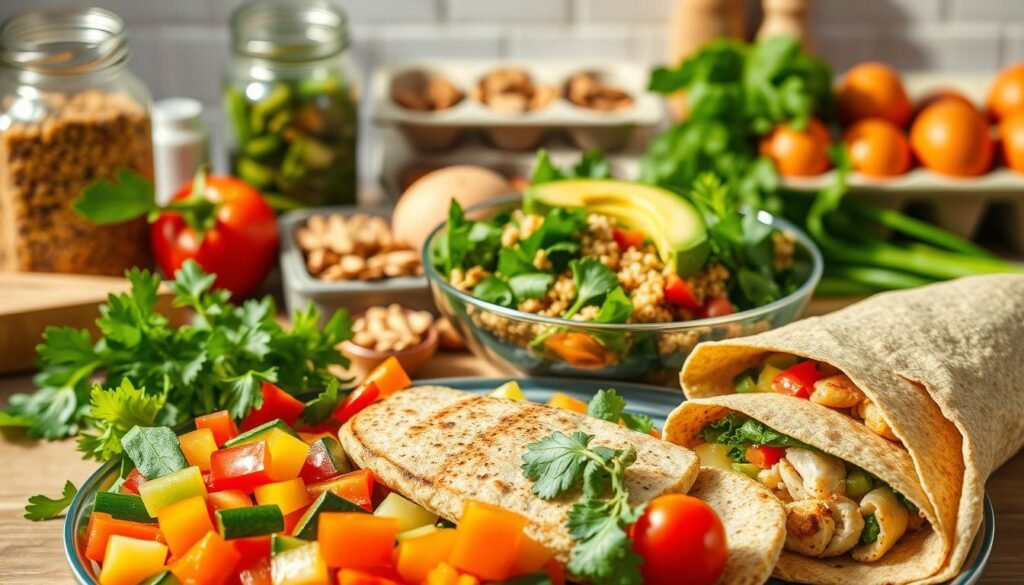 A vibrant still life depicting a variety of healthy, quick-to-prepare meals for everyday life. The foreground features a platter showcasing a colorful assortment of freshly chopped vegetables, such as bell peppers, zucchini, and cherry tomatoes, alongside grilled chicken breast and a hearty whole-grain wrap. In the middle ground, a bowl of quinoa salad with mixed greens, avocado, and a light citrus dressing takes center stage. The background displays a selection of kitchen staples, including a jar of nuts, a carton of eggs, and a variety of fresh herbs. The scene is bathed in warm, natural lighting, creating a welcoming and appetizing atmosphere. The overall composition emphasizes the ease and simplicity of preparing nutritious meals that can be easily incorporated into a busy daily routine. A vibrant still life depicting a variety of healthy, quick-to-prepare meals for everyday life. The foreground features a platter showcasing a colorful assortment of freshly chopped vegetables, such as bell peppers, zucchini, and cherry tomatoes, alongside grilled chicken breast and a hearty whole-grain wrap. In the middle ground, a bowl of quinoa salad with mixed greens, avocado, and a light citrus dressing takes center stage. The background displays a selection of kitchen staples, including a jar of nuts, a carton of eggs, and a variety of fresh herbs. The scene is bathed in warm, natural lighting, creating a welcoming and appetizing atmosphere. The overall composition emphasizes the ease and simplicity of preparing nutritious meals that can be easily incorporated into a busy daily routine.