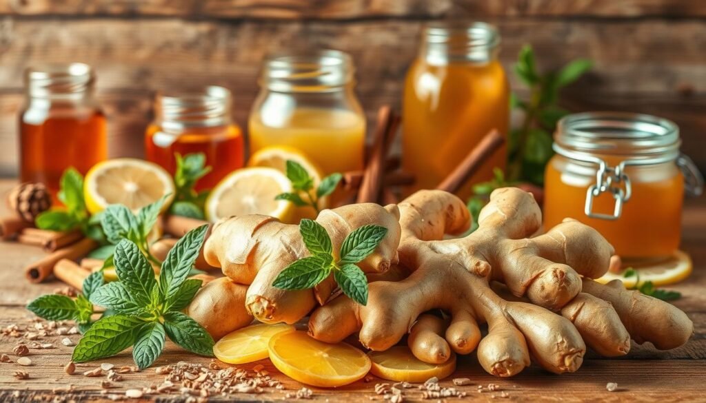 A vibrant still life depicting an array of natural ingredients for weight-loss remedies, centered around an elegant arrangement of fresh ginger root. In the foreground, the ginger shines with a warm, golden hue, complemented by verdant sprigs of mint and a scattering of cinnamon sticks. In the middle ground, a collection of glass jars filled with honey, lemon slices, and other aromatic herbs create a sense of homespun wellness. The background features a rustic wooden table, its weathered surface providing a grounding contrast to the vibrant colors and textures of the foreground elements. Soft, diffused lighting casts gentle shadows, evoking a sense of natural, therapeutic calm. The overall composition conveys the simplicity and efficacy of traditional ginger-based remedies for weight management. A vibrant still life depicting an array of natural ingredients for weight-loss remedies, centered around an elegant arrangement of fresh ginger root. In the foreground, the ginger shines with a warm, golden hue, complemented by verdant sprigs of mint and a scattering of cinnamon sticks. In the middle ground, a collection of glass jars filled with honey, lemon slices, and other aromatic herbs create a sense of homespun wellness. The background features a rustic wooden table, its weathered surface providing a grounding contrast to the vibrant colors and textures of the foreground elements. Soft, diffused lighting casts gentle shadows, evoking a sense of natural, therapeutic calm. The overall composition conveys the simplicity and efficacy of traditional ginger-based remedies for weight management.