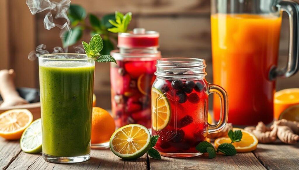 A vibrant still life of an assortment of natural fat-burning beverages, meticulously arranged on a rustic wooden table. In the foreground, a tall glass filled with a bright green smoothie, accented by slices of fresh lime and a sprig of mint. Behind it, a steaming cup of herbal tea, its aromatic steam rising gracefully. In the middle ground, a mason jar brimming with a rich, ruby-colored berry-infused water, complemented by a wedge of lemon. In the background, a blender containing a vibrant orange-colored juice, surrounded by an array of fresh ingredients such as ginger, turmeric, and citrus fruits. The lighting is soft and natural, creating a warm, inviting atmosphere that highlights the vibrant colors and textures of the beverages. The overall composition conveys a sense of health, vitality, and the power of nature to aid in weight loss. A vibrant still life of an assortment of natural fat-burning beverages, meticulously arranged on a rustic wooden table. In the foreground, a tall glass filled with a bright green smoothie, accented by slices of fresh lime and a sprig of mint. Behind it, a steaming cup of herbal tea, its aromatic steam rising gracefully. In the middle ground, a mason jar brimming with a rich, ruby-colored berry-infused water, complemented by a wedge of lemon. In the background, a blender containing a vibrant orange-colored juice, surrounded by an array of fresh ingredients such as ginger, turmeric, and citrus fruits. The lighting is soft and natural, creating a warm, inviting atmosphere that highlights the vibrant colors and textures of the beverages. The overall composition conveys a sense of health, vitality, and the power of nature to aid in weight loss.