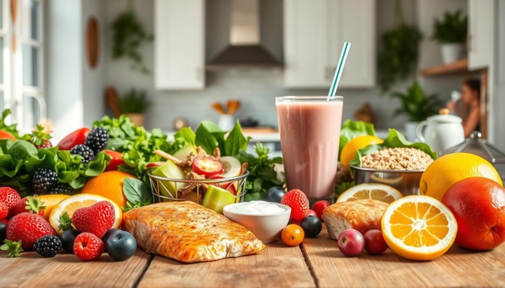 A vibrant still life showcasing a selection of healthy, nutrient-dense foods favored by athletes. In the foreground, a variety of fresh fruits and vegetables, including leafy greens, berries, and citrus, are artfully arranged on a rustic wooden table. In the middle ground, grilled salmon filets, quinoa salad, and a glass of smoothie made with Greek yogurt and protein powder. The background features a bright, airy kitchen with natural light streaming in, creating a warm, inviting atmosphere. The overall composition conveys the idea of a balanced, performance-enhancing diet for active individuals, with an emphasis on color, texture, and visual appeal. A vibrant still life showcasing a selection of healthy, nutrient-dense foods favored by athletes. In the foreground, a variety of fresh fruits and vegetables, including leafy greens, berries, and citrus, are artfully arranged on a rustic wooden table. In the middle ground, grilled salmon filets, quinoa salad, and a glass of smoothie made with Greek yogurt and protein powder. The background features a bright, airy kitchen with natural light streaming in, creating a warm, inviting atmosphere. The overall composition conveys the idea of a balanced, performance-enhancing diet for active individuals, with an emphasis on color, texture, and visual appeal.