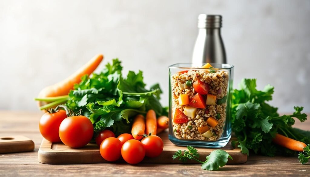 A vibrant still life showcasing a selection of healthy office-friendly meal ideas. In the foreground, a wooden cutting board holds fresh produce like crisp leafy greens, juicy tomatoes, and crunchy carrots. In the middle ground, a glass container filled with a nourishing quinoa and vegetable salad, accompanied by a colorful fruit skewer and a stainless steel water bottle. The background features a neutral-toned backdrop, allowing the vibrant colors of the healthy meal components to take center stage. Soft, natural lighting illuminates the scene, creating a warm and inviting atmosphere. The overall composition conveys the ease and convenience of preparing wholesome, portable lunches for the workday. A vibrant still life showcasing a selection of healthy office-friendly meal ideas. In the foreground, a wooden cutting board holds fresh produce like crisp leafy greens, juicy tomatoes, and crunchy carrots. In the middle ground, a glass container filled with a nourishing quinoa and vegetable salad, accompanied by a colorful fruit skewer and a stainless steel water bottle. The background features a neutral-toned backdrop, allowing the vibrant colors of the healthy meal components to take center stage. Soft, natural lighting illuminates the scene, creating a warm and inviting atmosphere. The overall composition conveys the ease and convenience of preparing wholesome, portable lunches for the workday.