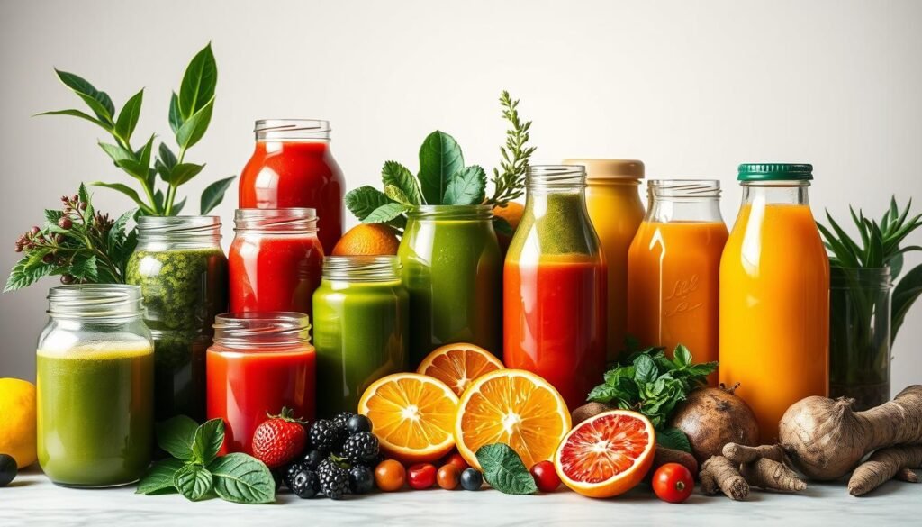 A vibrant still life showcasing a variety of natural, nutrient-dense beverages designed to accelerate fat-burning. In the foreground, an assortment of freshly squeezed juices and smoothies in glass jars and bottles, their vivid colors ranging from deep greens to vibrant reds and oranges. The middle ground features whole fruits and vegetables, such as leafy greens, citrus fruits, berries, and roots, arranged artfully. The background has a clean, minimalist setting with a light, airy atmosphere, accentuating the purity and health benefits of the presented beverages. Soft, diffused lighting casts a warm, natural glow, heightening the inviting and rejuvenating ambiance. The overall composition conveys a sense of vitality, wellness, and the power of nature-based solutions for fat loss. A vibrant still life showcasing a variety of natural, nutrient-dense beverages designed to accelerate fat-burning. In the foreground, an assortment of freshly squeezed juices and smoothies in glass jars and bottles, their vivid colors ranging from deep greens to vibrant reds and oranges. The middle ground features whole fruits and vegetables, such as leafy greens, citrus fruits, berries, and roots, arranged artfully. The background has a clean, minimalist setting with a light, airy atmosphere, accentuating the purity and health benefits of the presented beverages. Soft, diffused lighting casts a warm, natural glow, heightening the inviting and rejuvenating ambiance. The overall composition conveys a sense of vitality, wellness, and the power of nature-based solutions for fat loss.